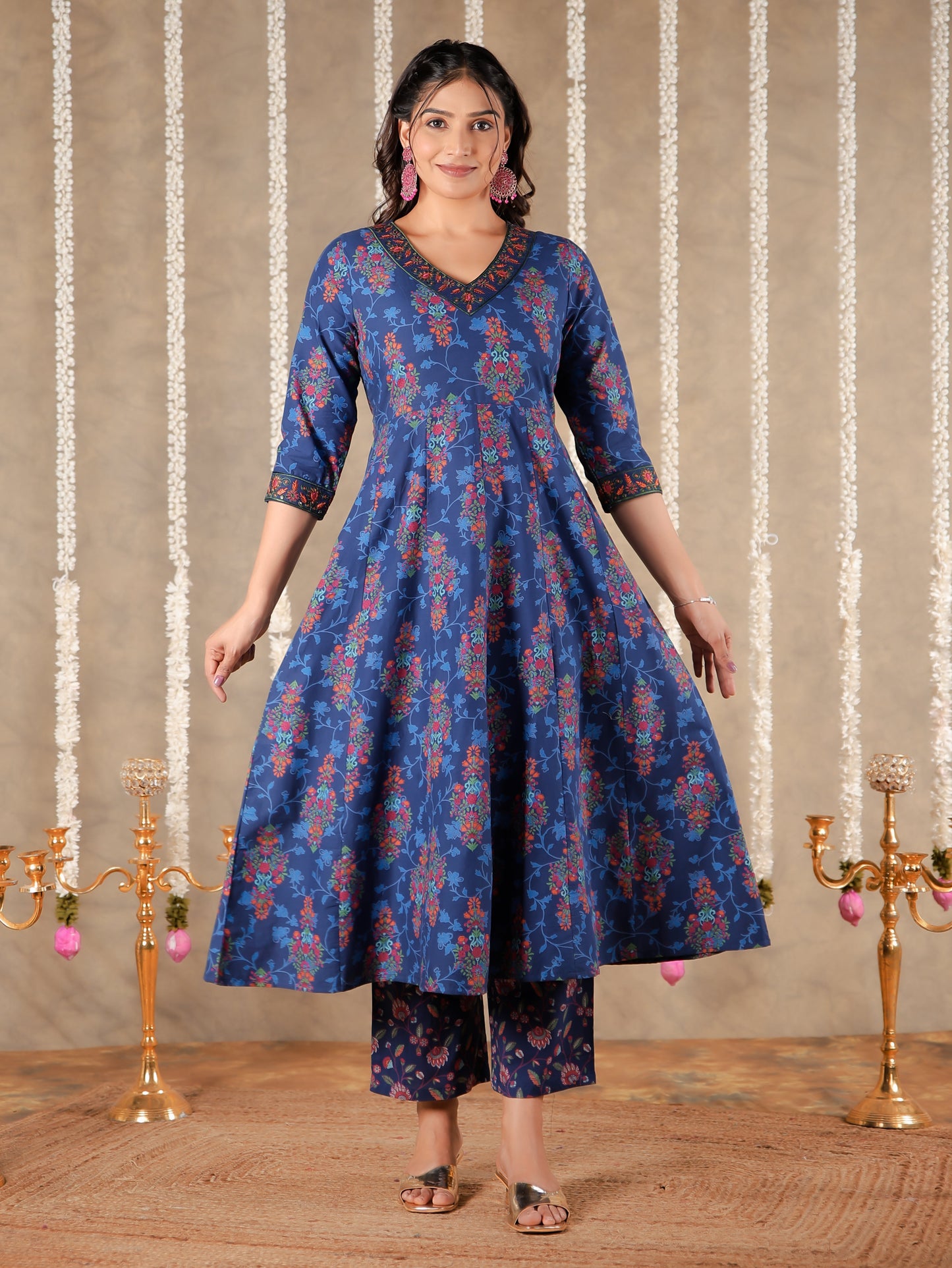 Embroidered Soft Cotton Floral Straight Blue Kurta