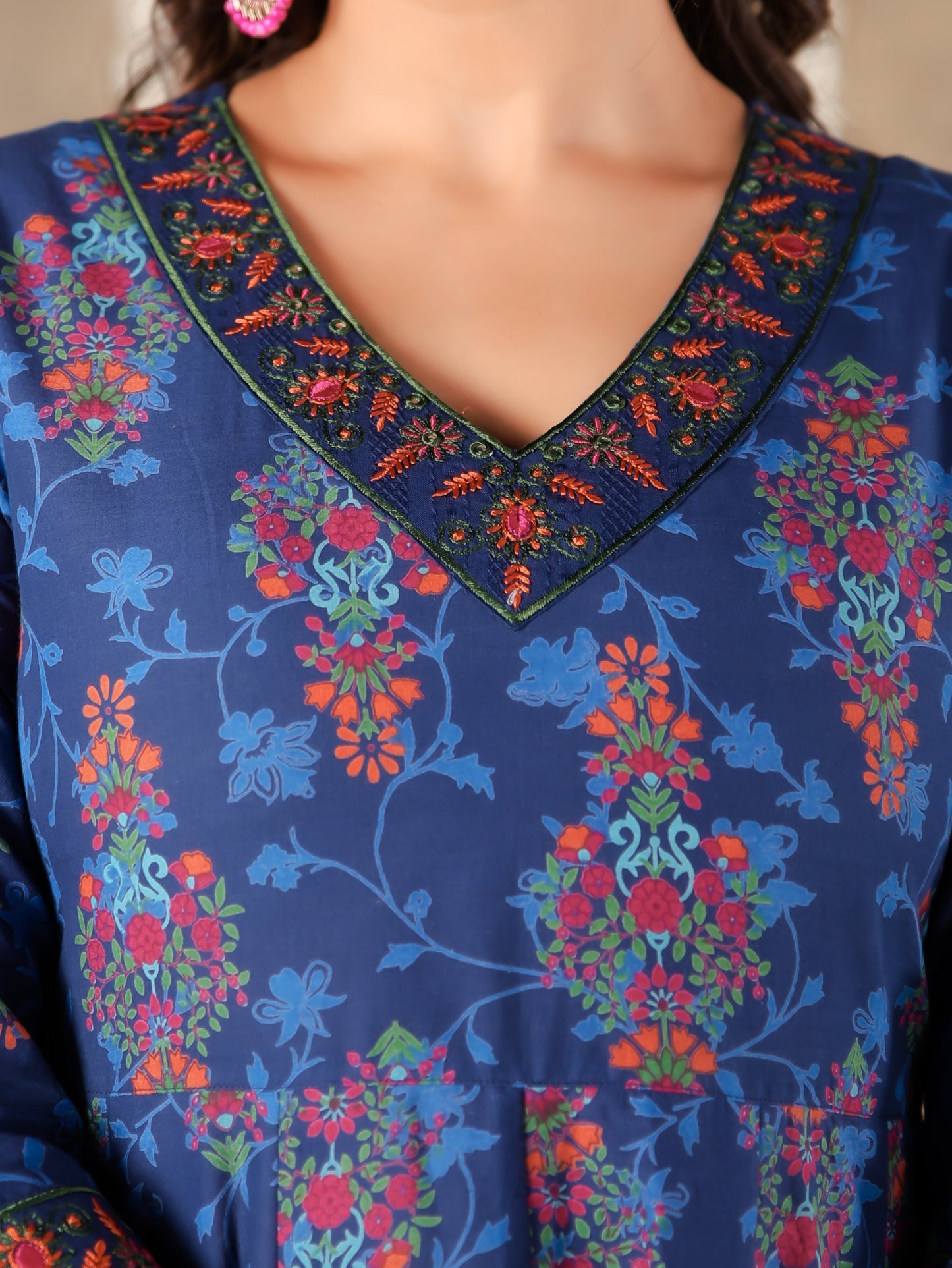 Embroidered Soft Cotton Floral Straight Blue Kurta
