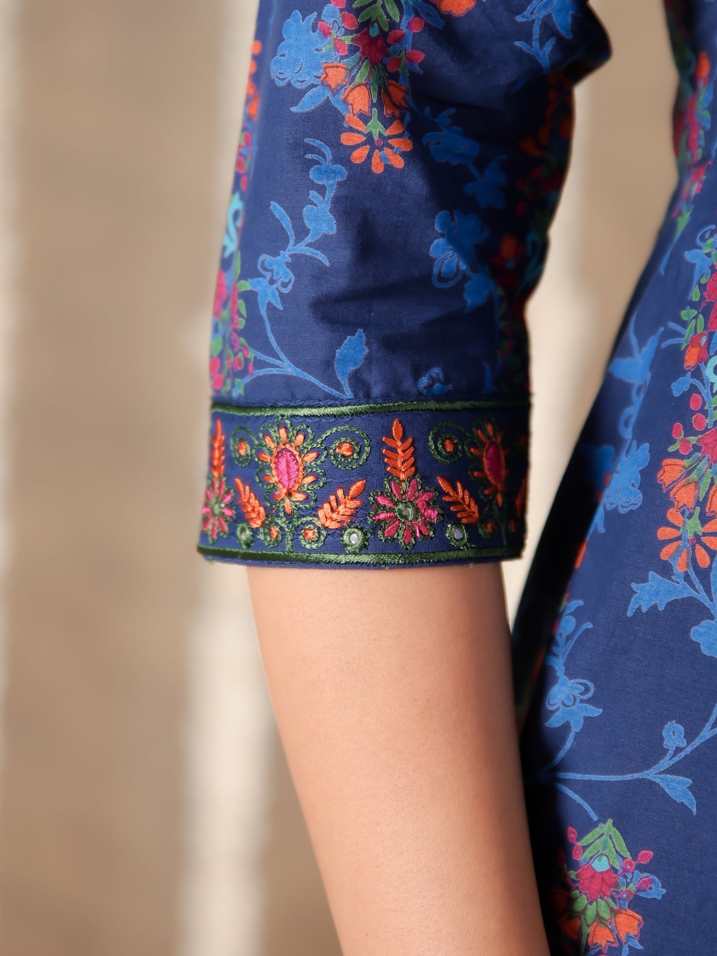 Embroidered Soft Cotton Floral Straight Blue Kurta