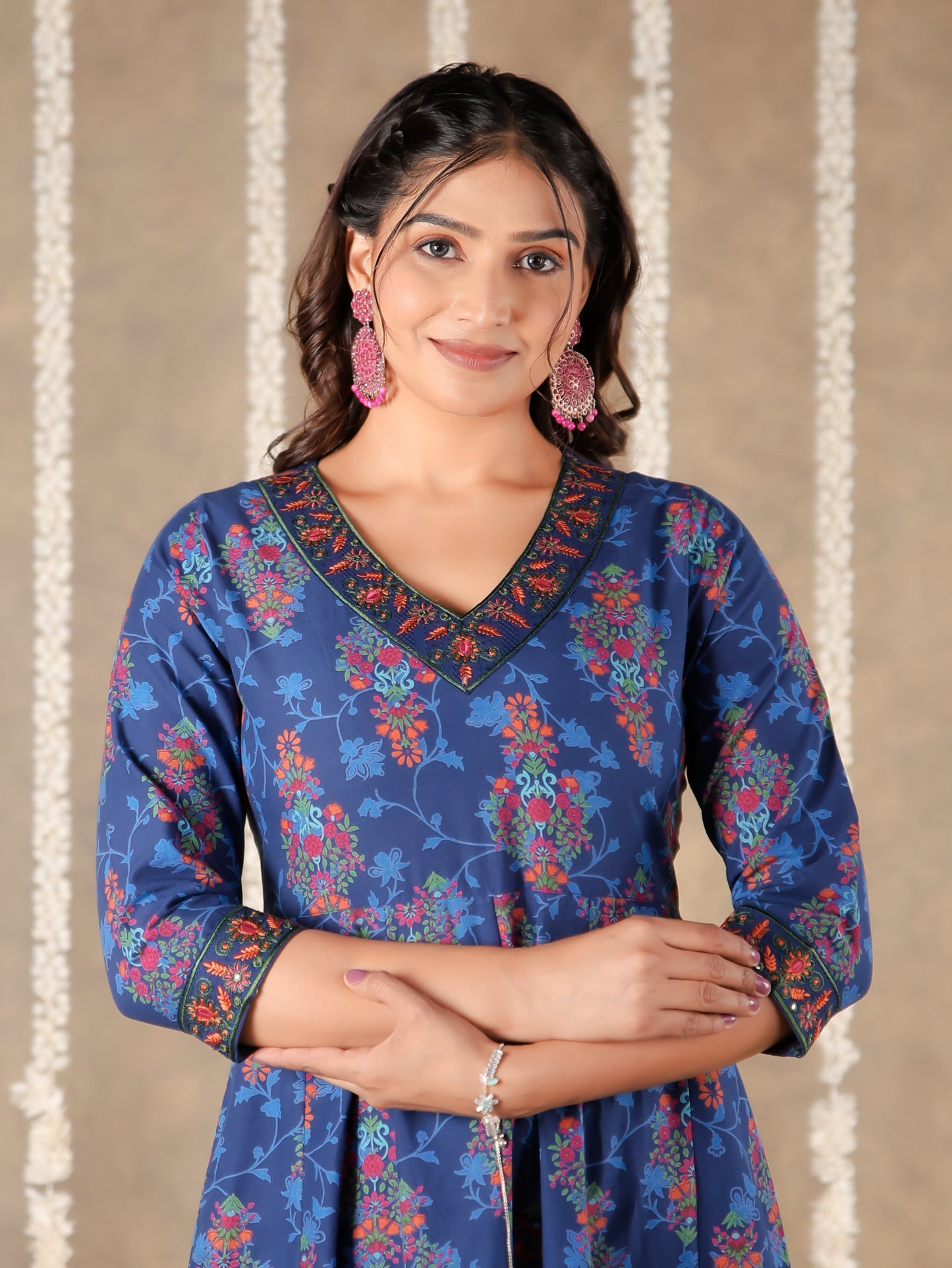 Embroidered Soft Cotton Floral Straight Blue Kurta