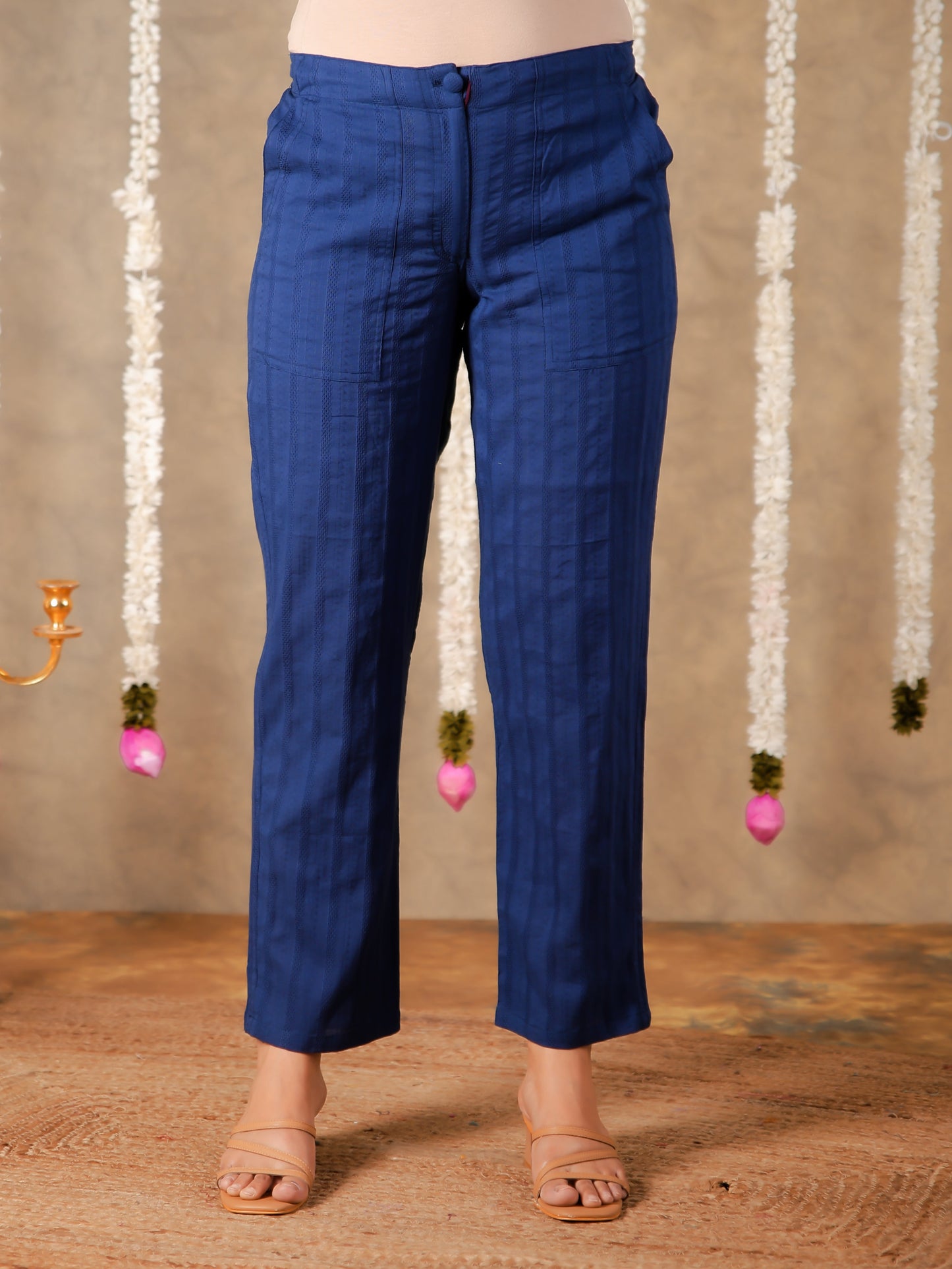 Soft Cotton Solid Blue Tapered Trousers