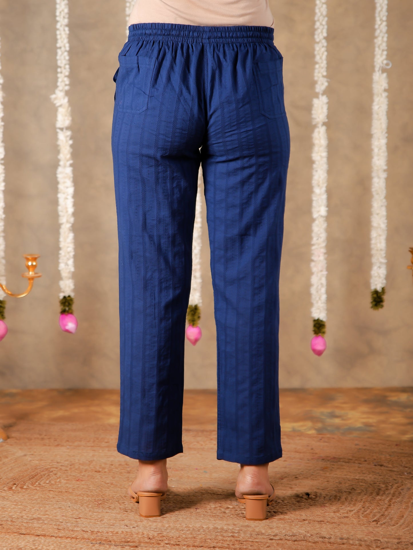 Soft Cotton Solid Blue Tapered Trousers