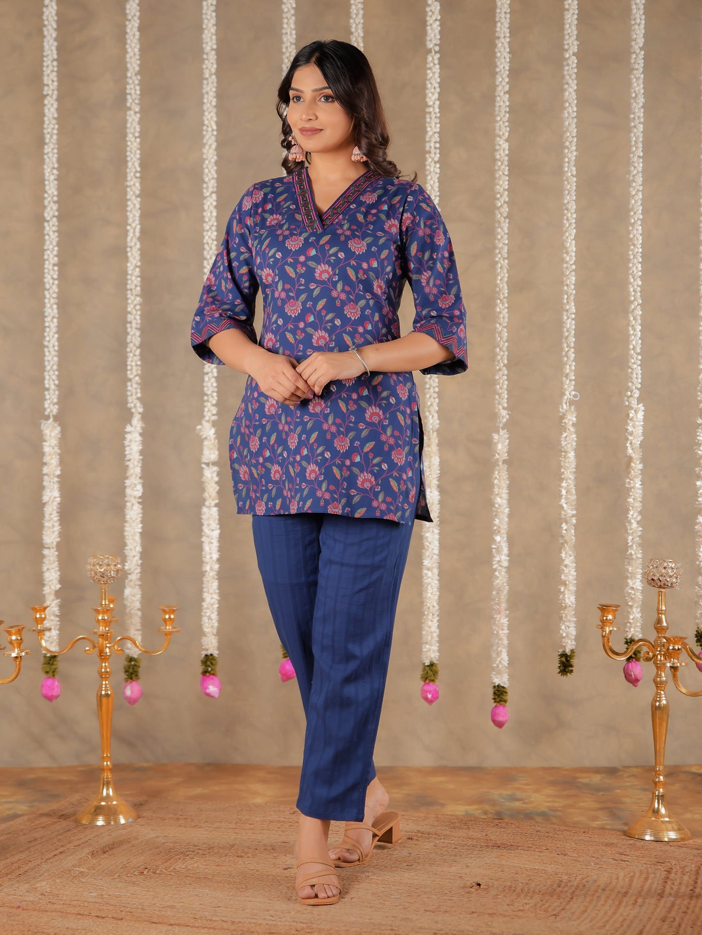 Soft Cotton Floral Straight Blue Kurti