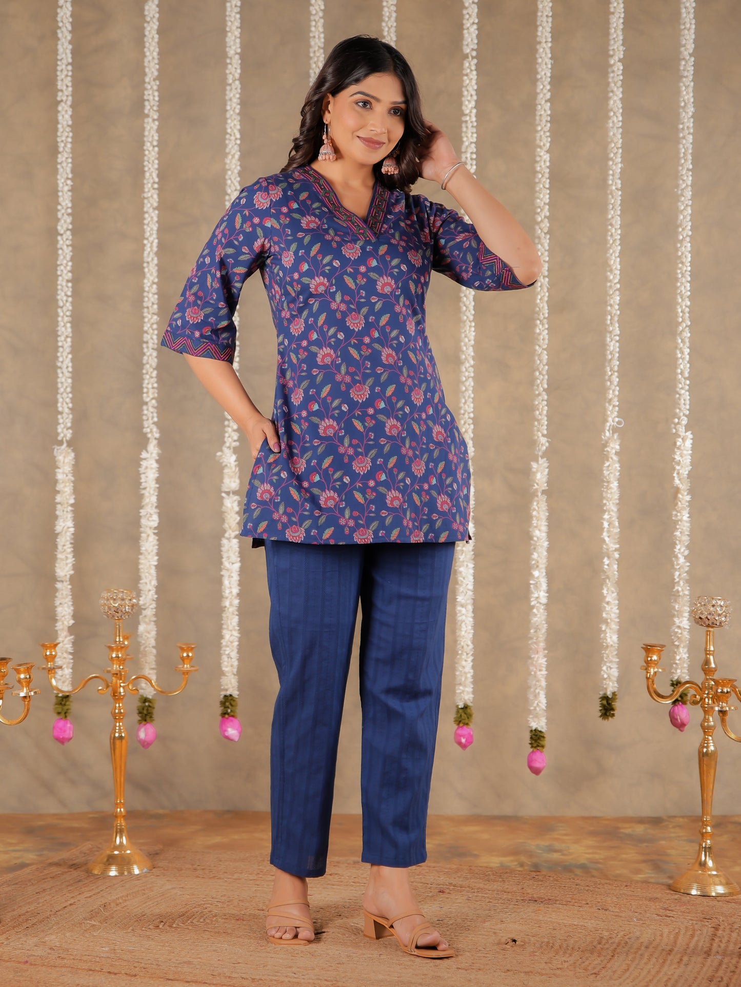 Soft Cotton Floral Straight Blue Kurti