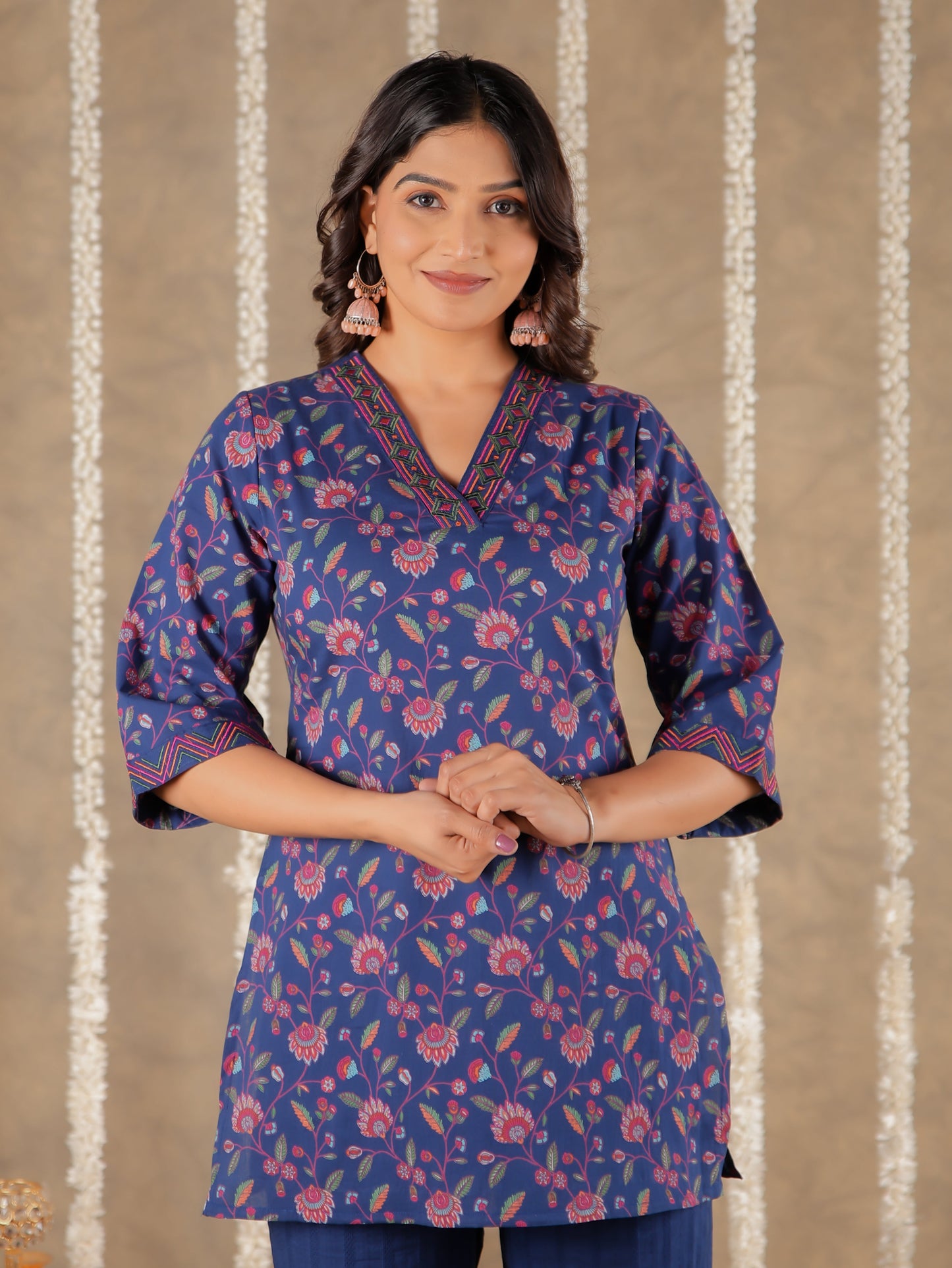Soft Cotton Floral Straight Blue Kurti