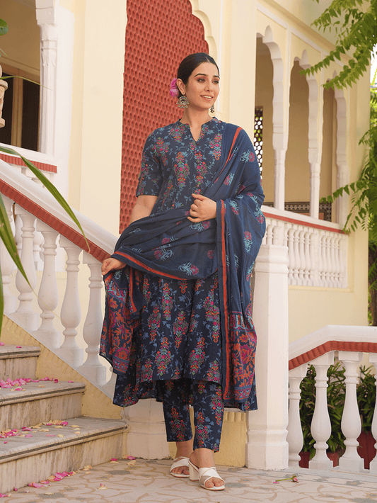 Soft Cotton Floral High Low Blue Kurta