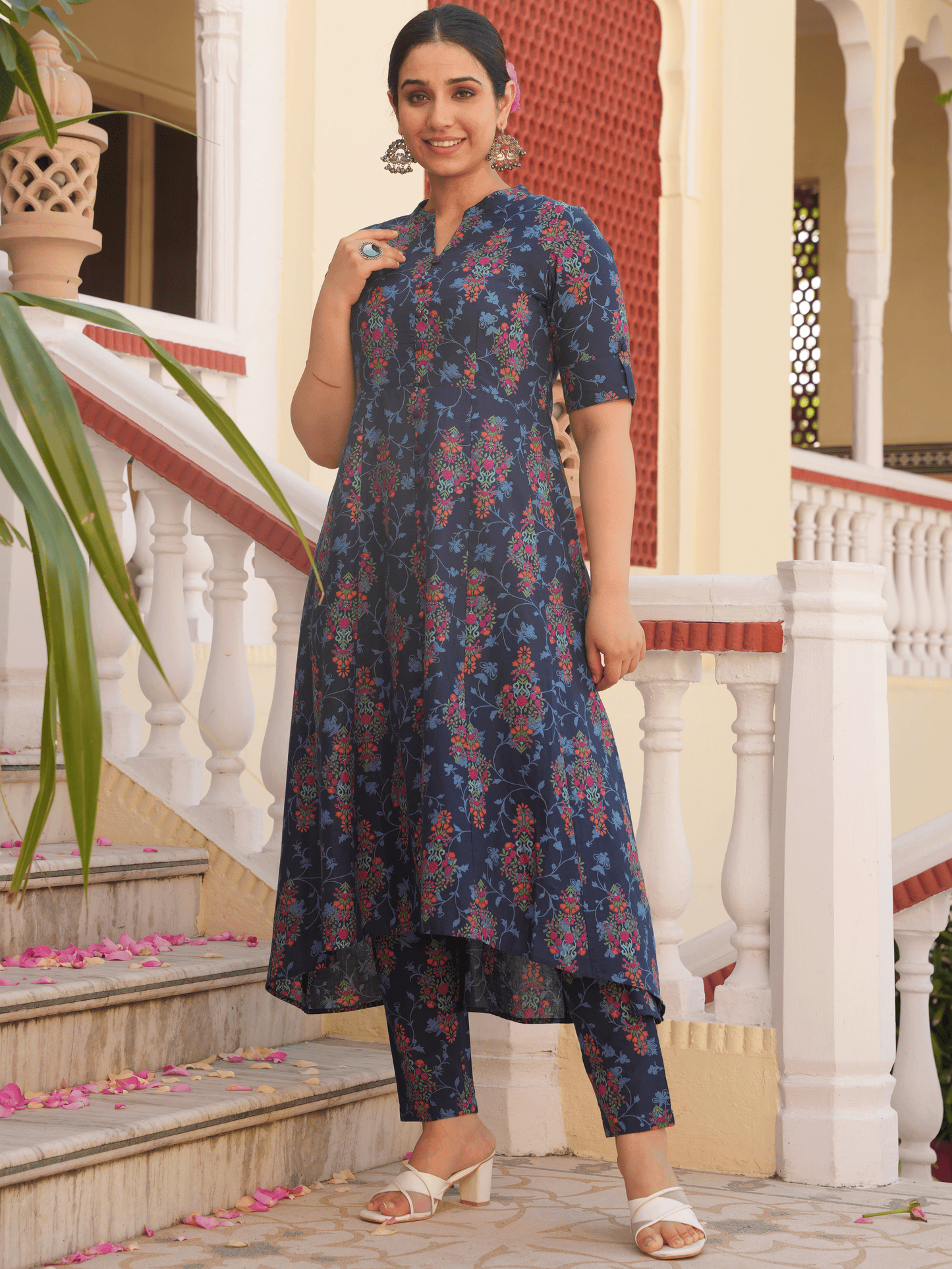 Soft Cotton Floral High Low Blue Kurta