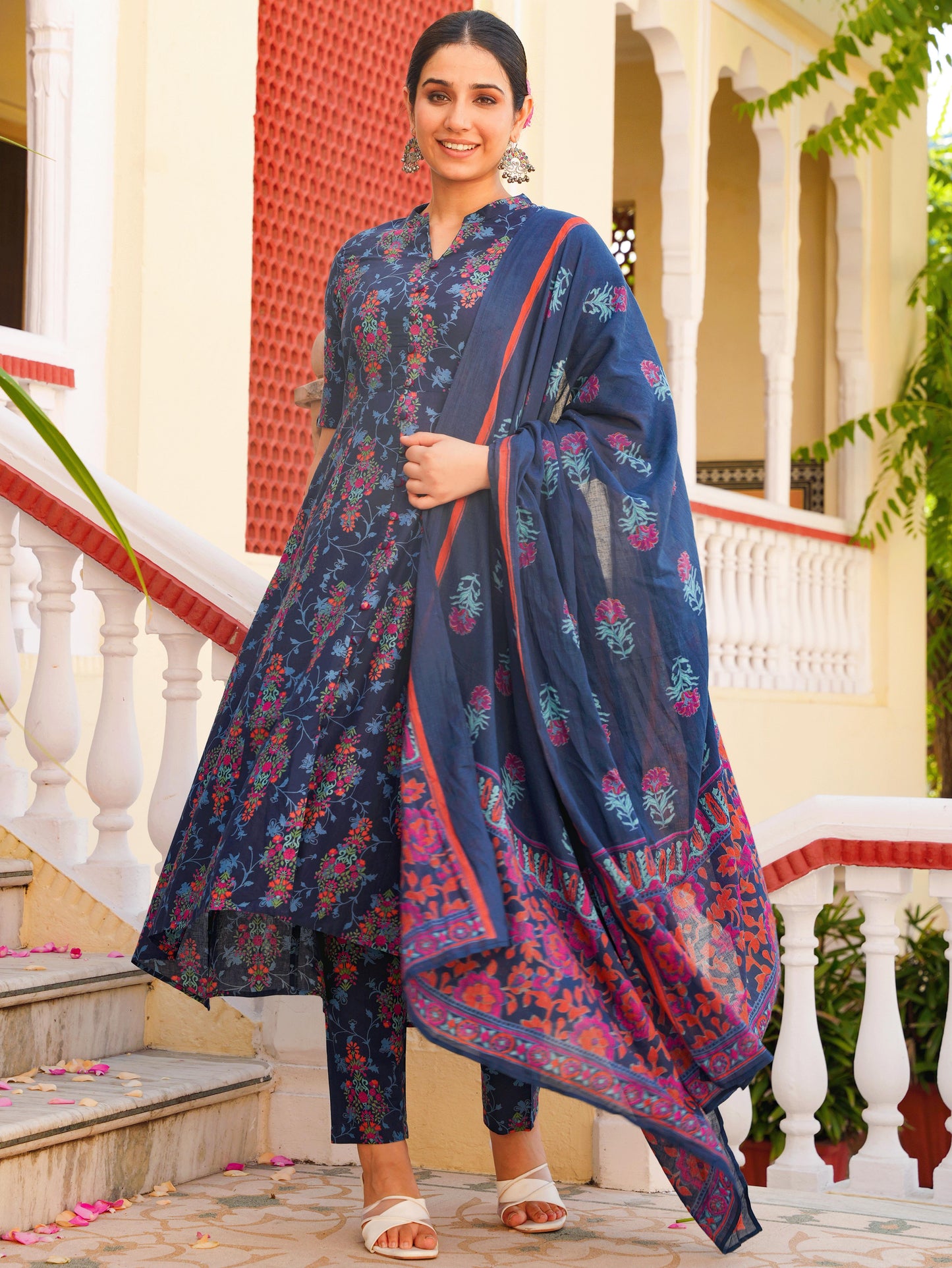 Soft Cotton Floral High Low Blue Kurta