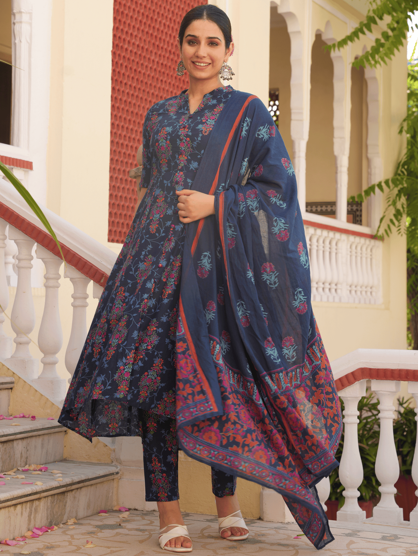 Soft Cotton Floral High Low Blue Kurta