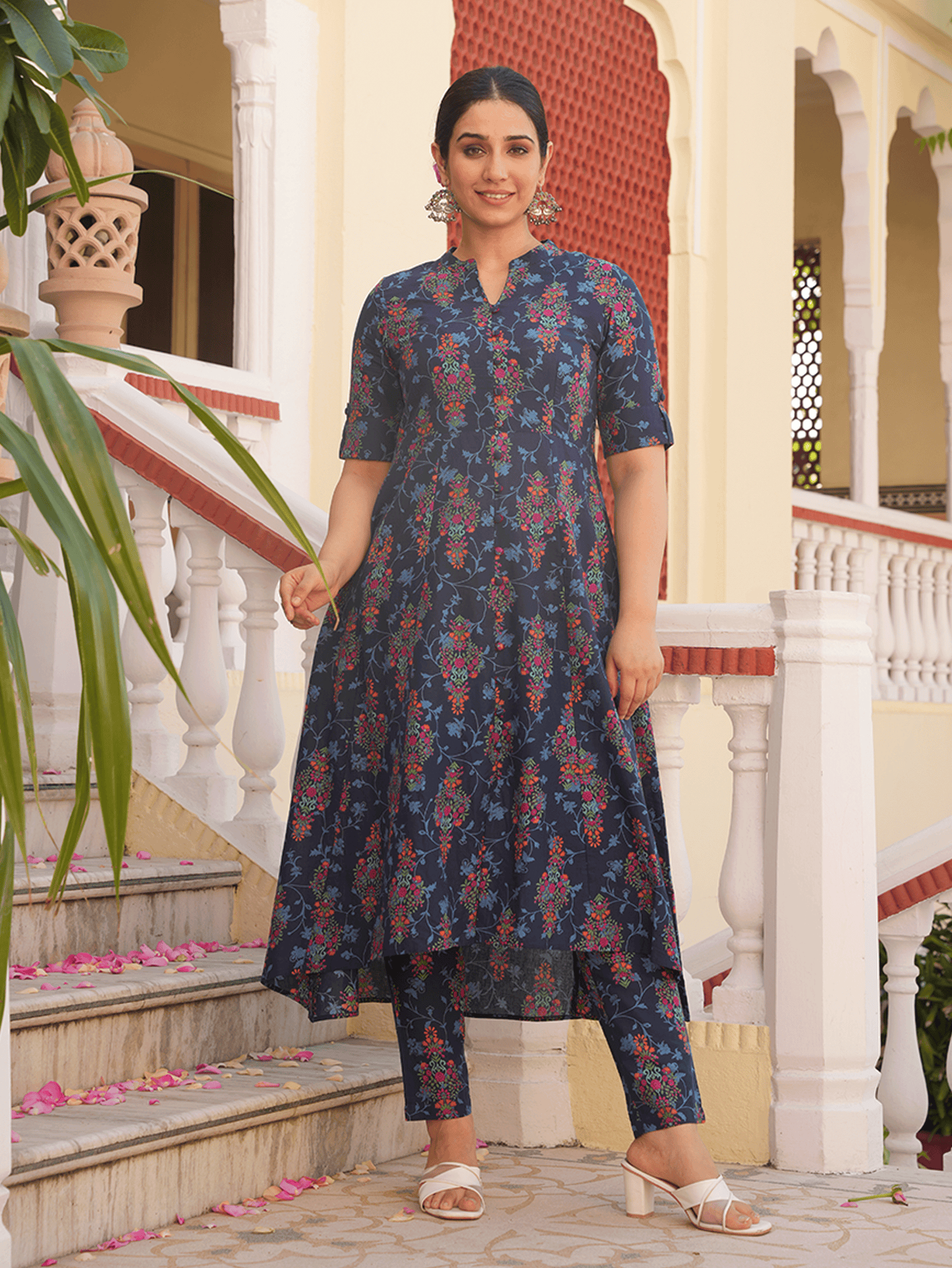 Soft Cotton Floral High Low Blue Kurta