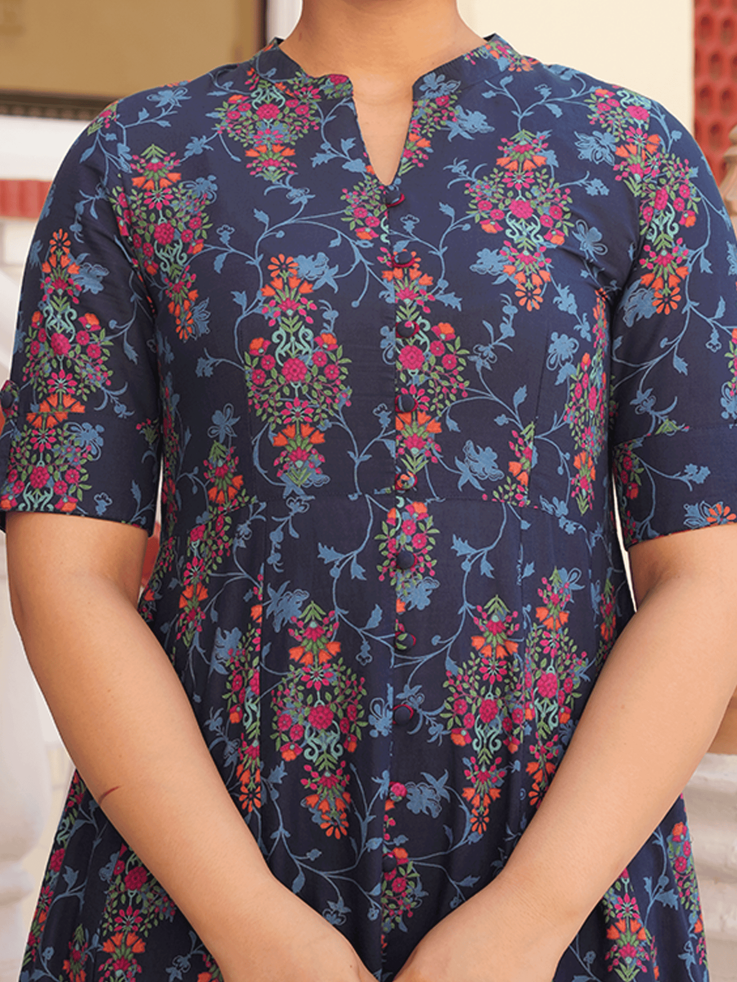 Soft Cotton Floral High Low Blue Kurta