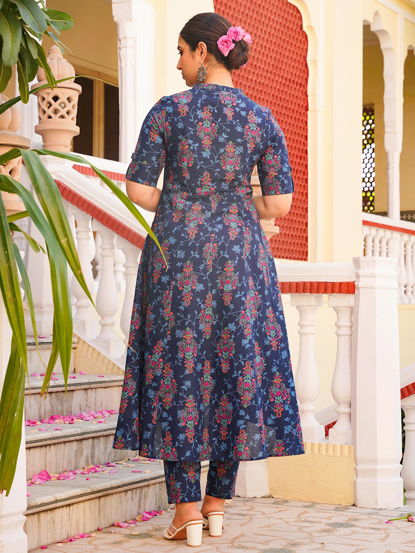 Soft Cotton Floral High Low Blue Kurta