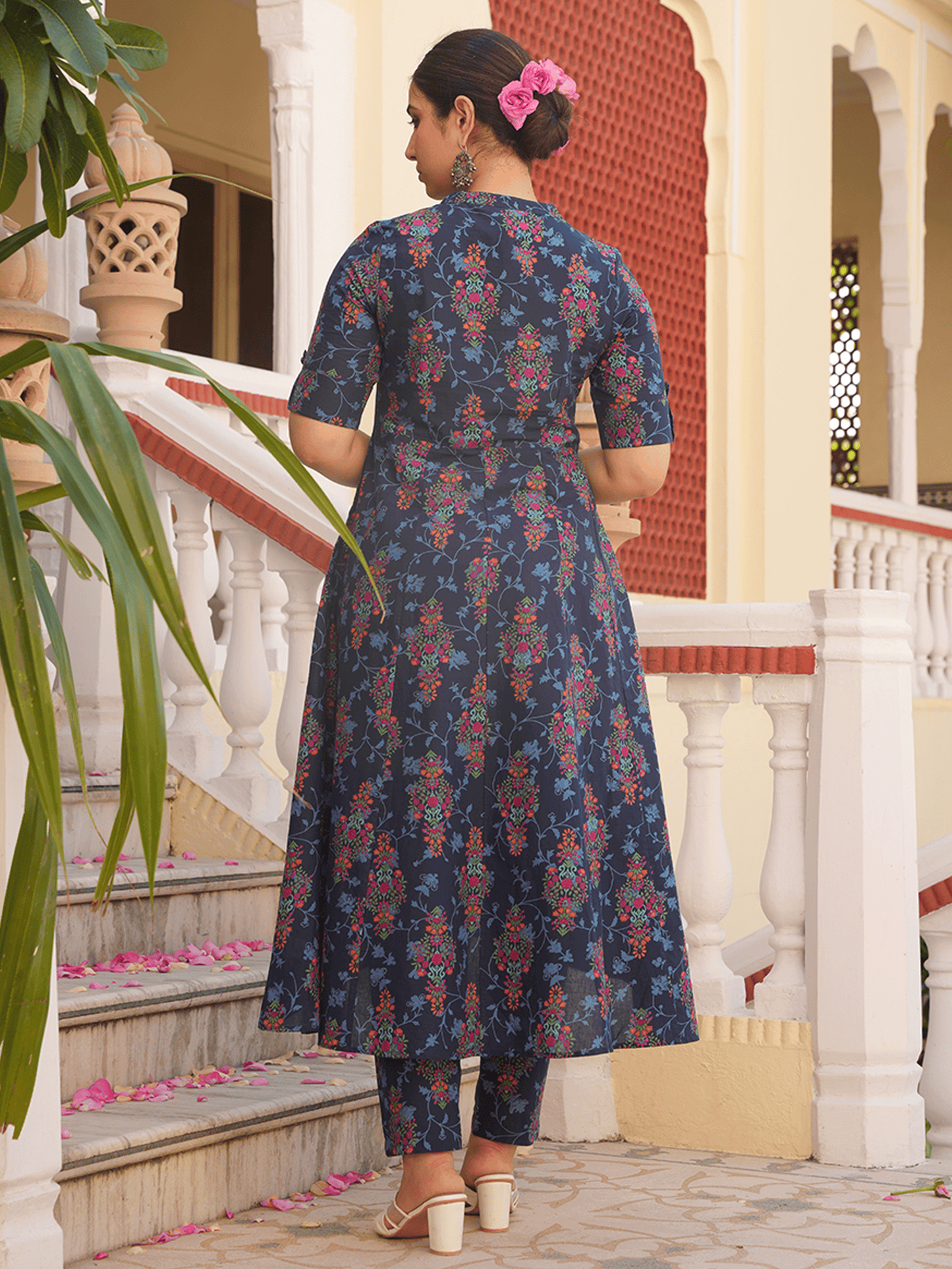 Soft Cotton Floral High Low Blue Kurta