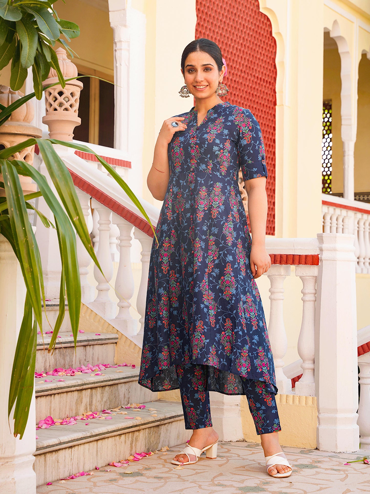 Soft Cotton Floral High Low Blue Kurta