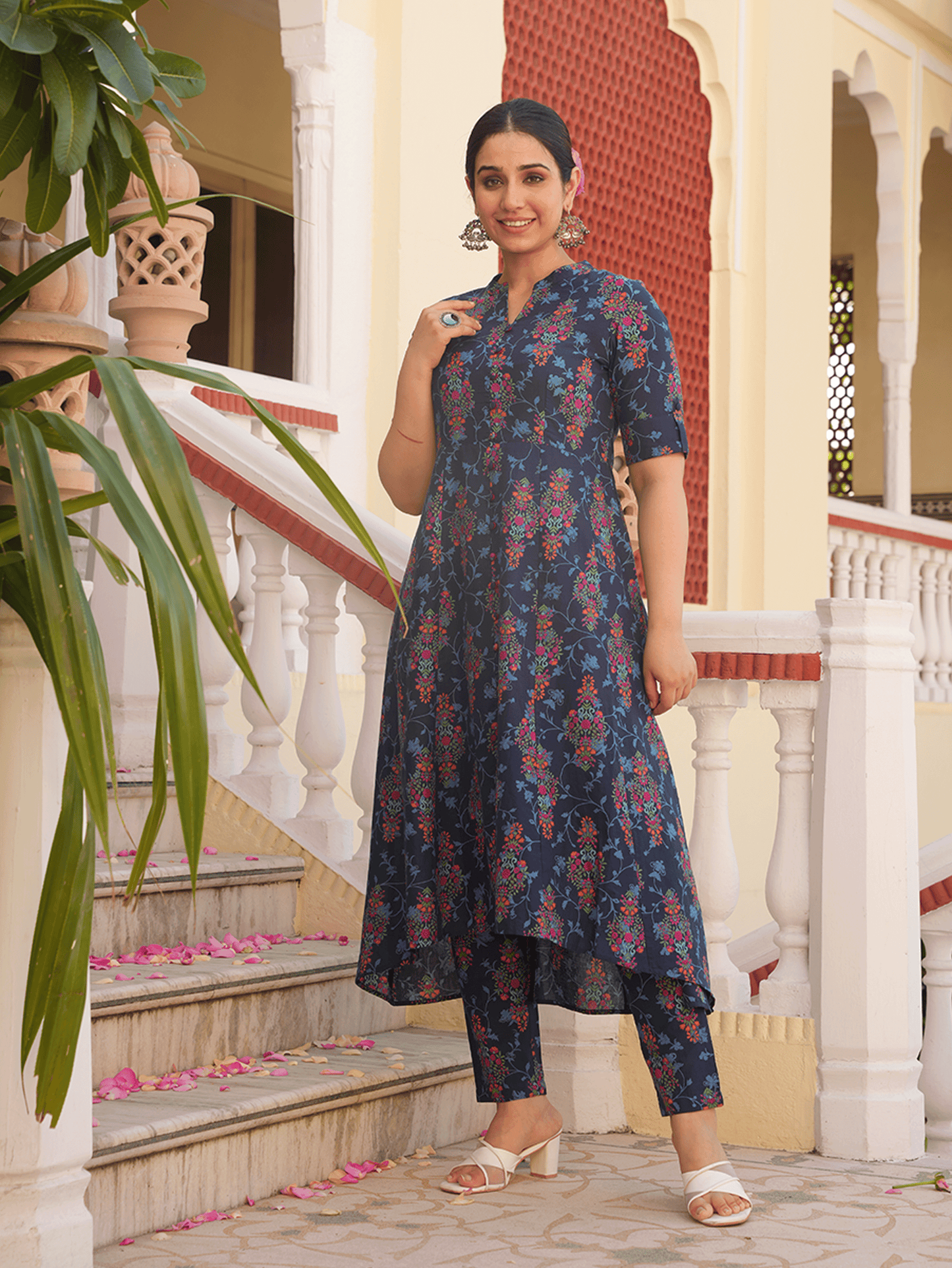 Soft Cotton Floral High Low Blue Kurta