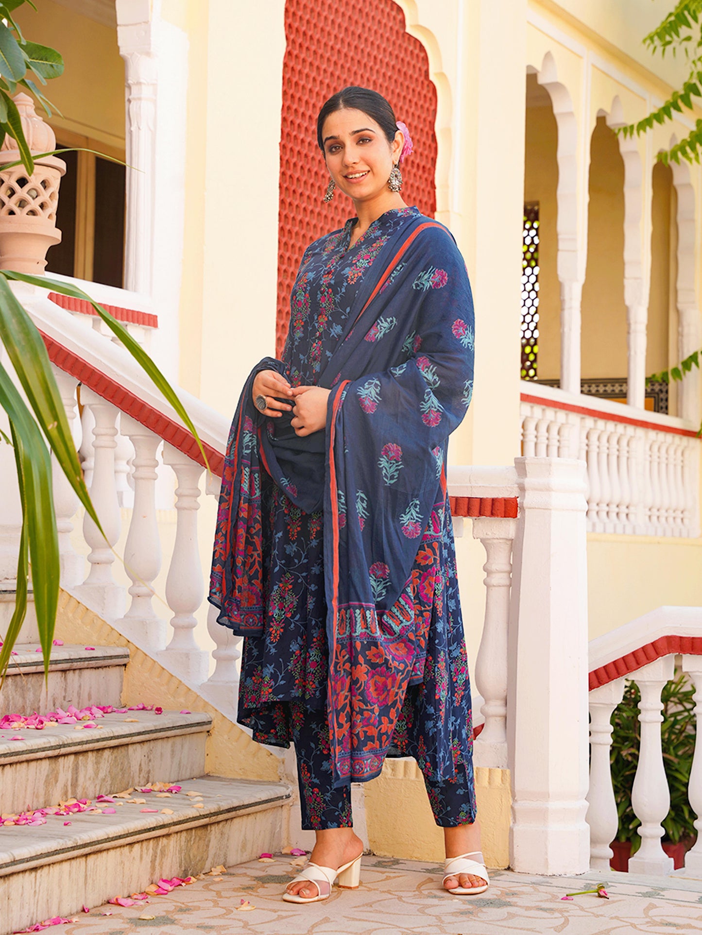 Soft Cotton Floral High Low Blue Kurta