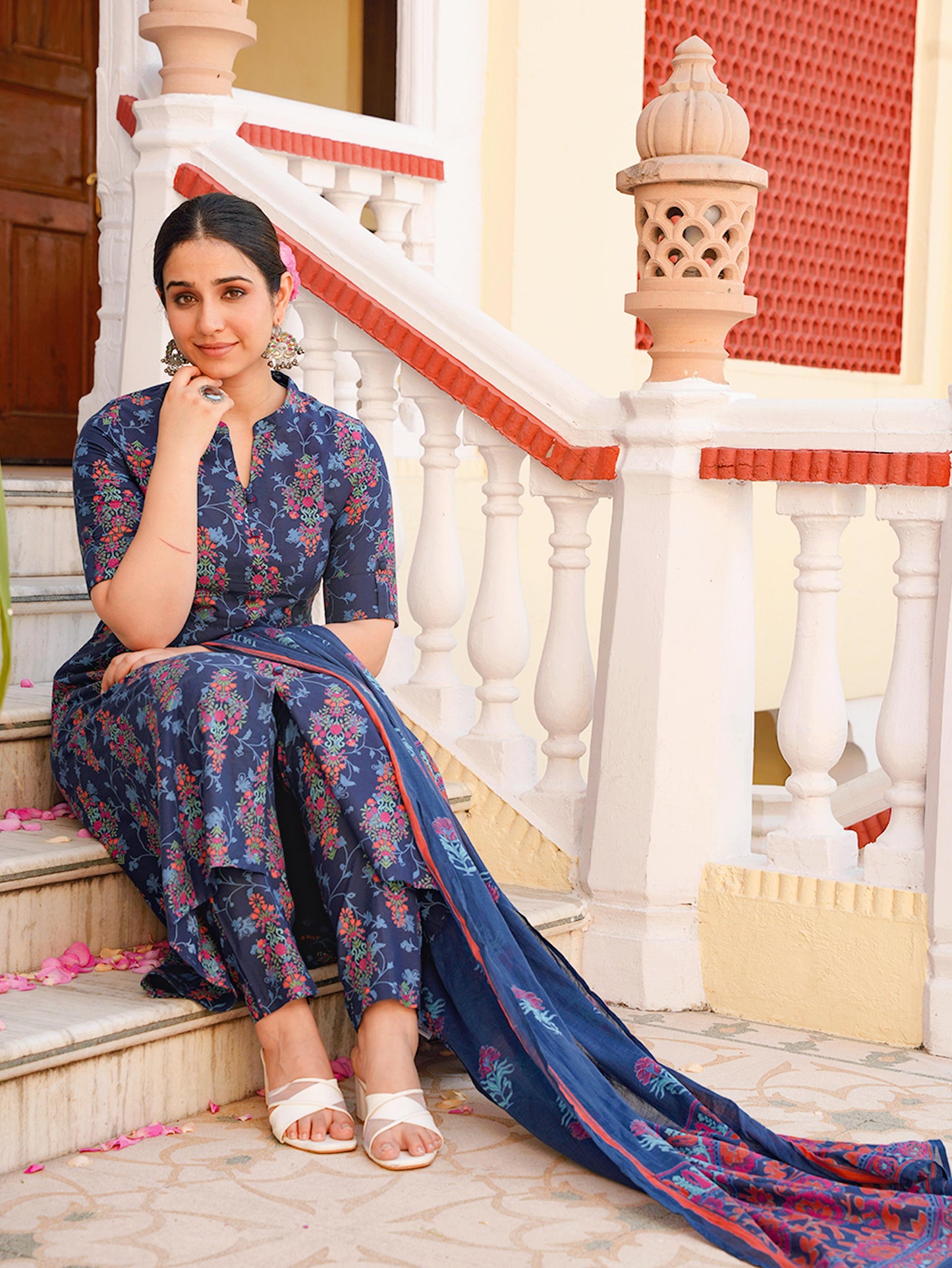 Soft Cotton Floral High Low Blue Kurta