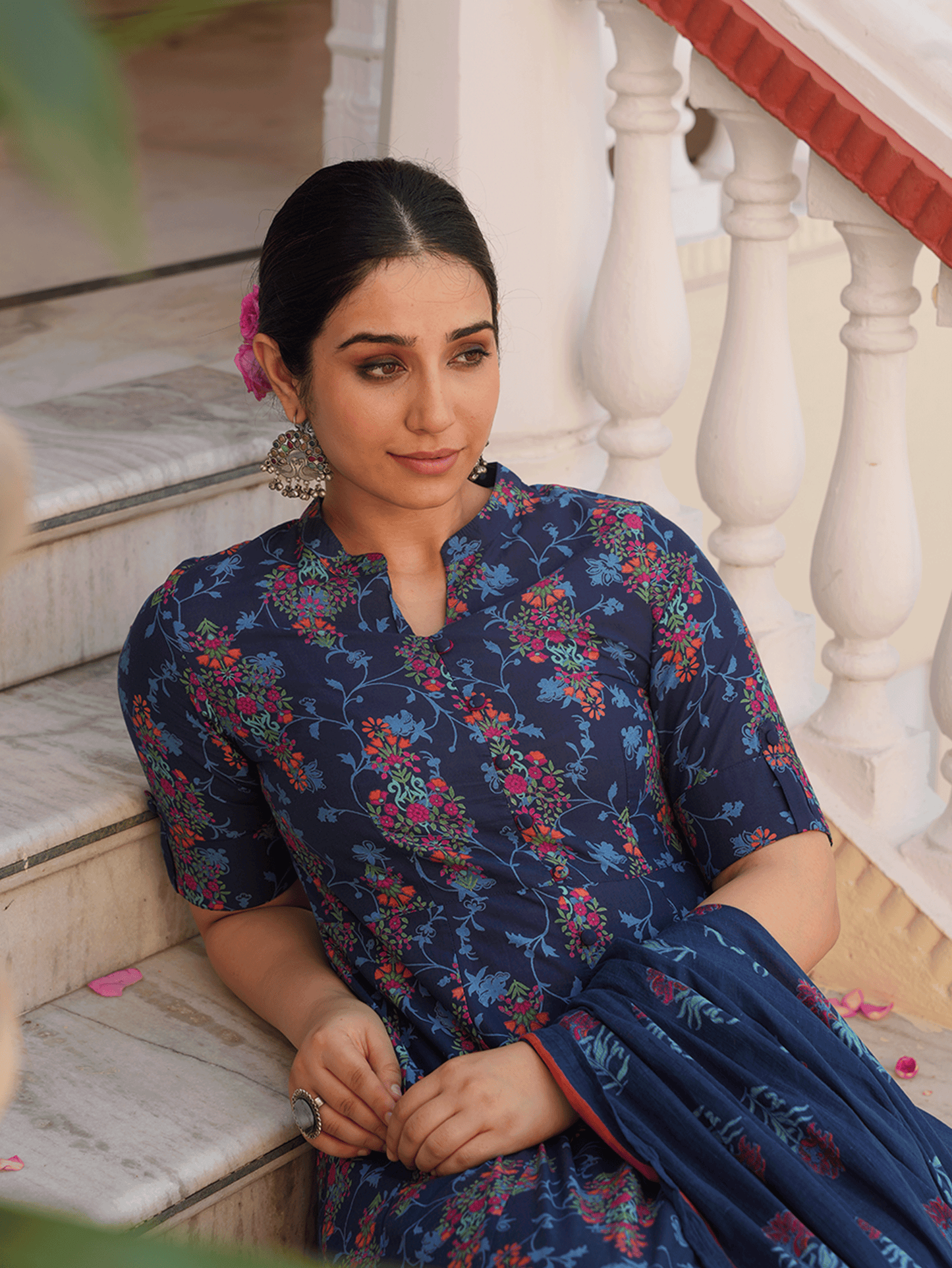 Soft Cotton Floral High Low Blue Kurta