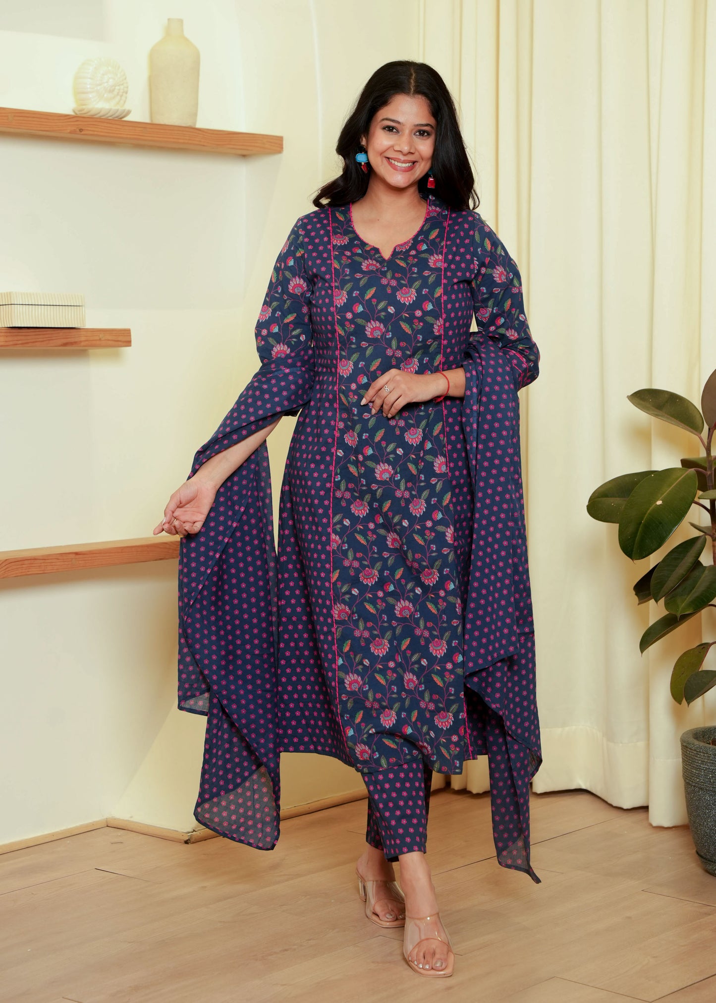 Voile Cotton Floral Blue Dupatta
