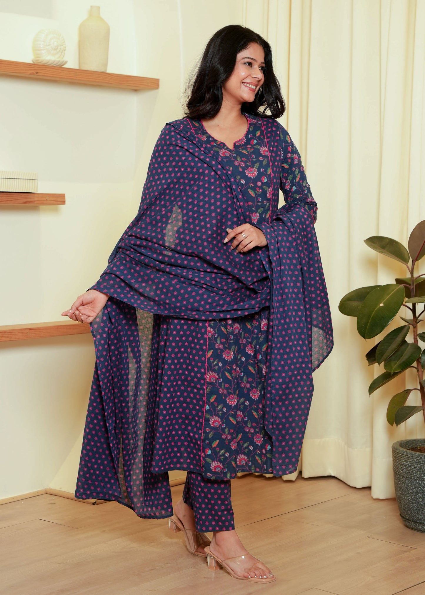 Voile Cotton Floral Blue Dupatta