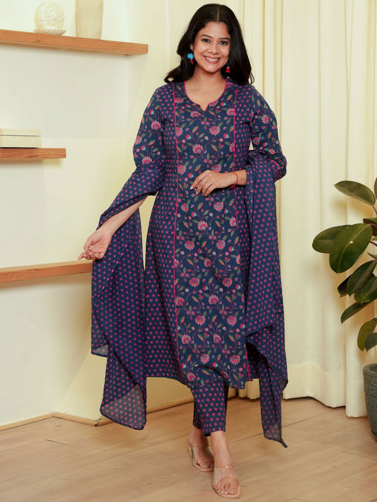 Voile Cotton Floral Blue Dupatta
