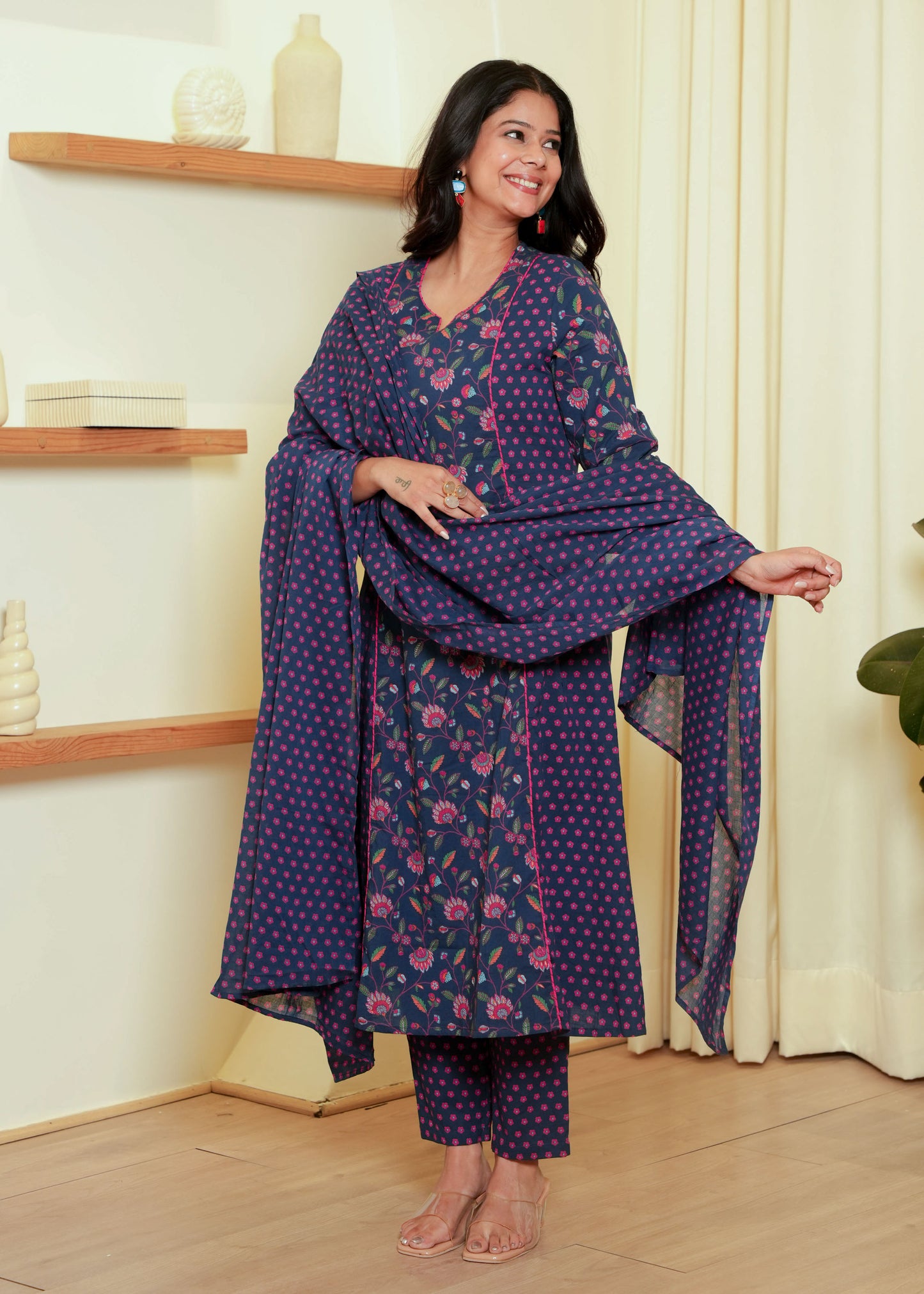 Voile Cotton Floral Blue Dupatta