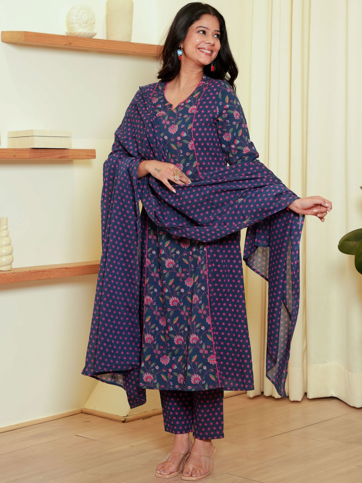 Embroidered Soft Cotton Floral A-line Blue