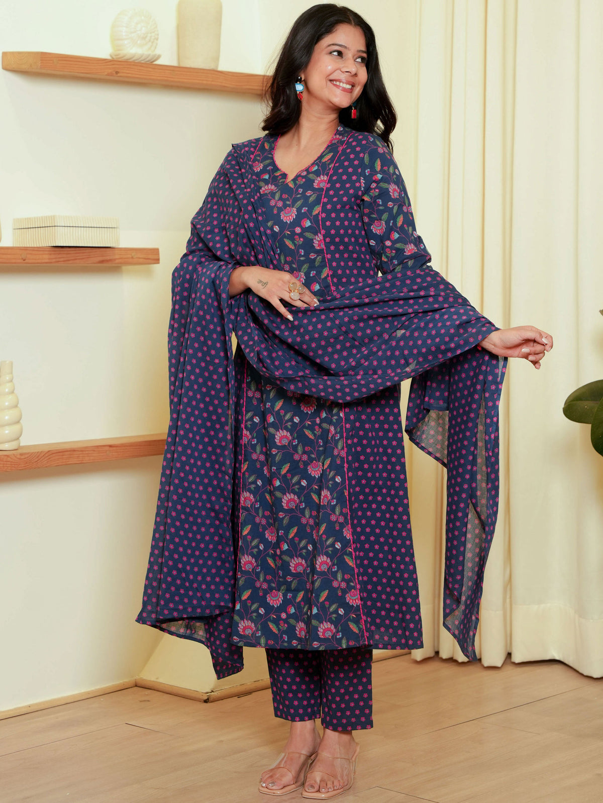 Embroidered Soft Cotton Floral A-line Blue