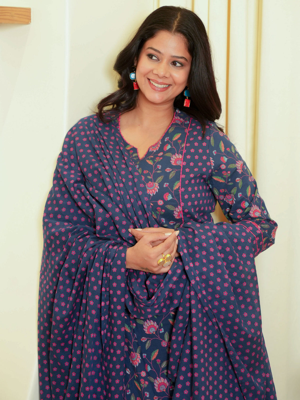 Embroidered Soft Cotton Floral A-line Blue
