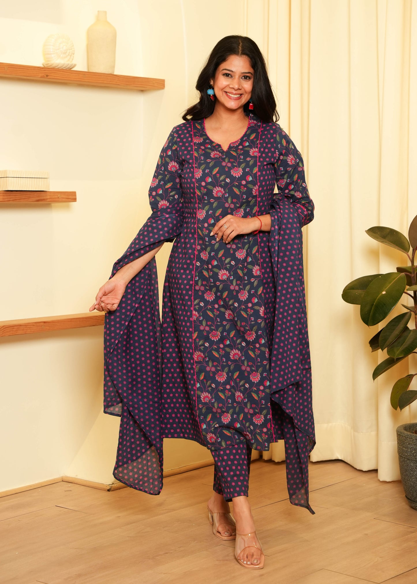 Soft Cotton Floral Panelled A-Line Blue Kurta