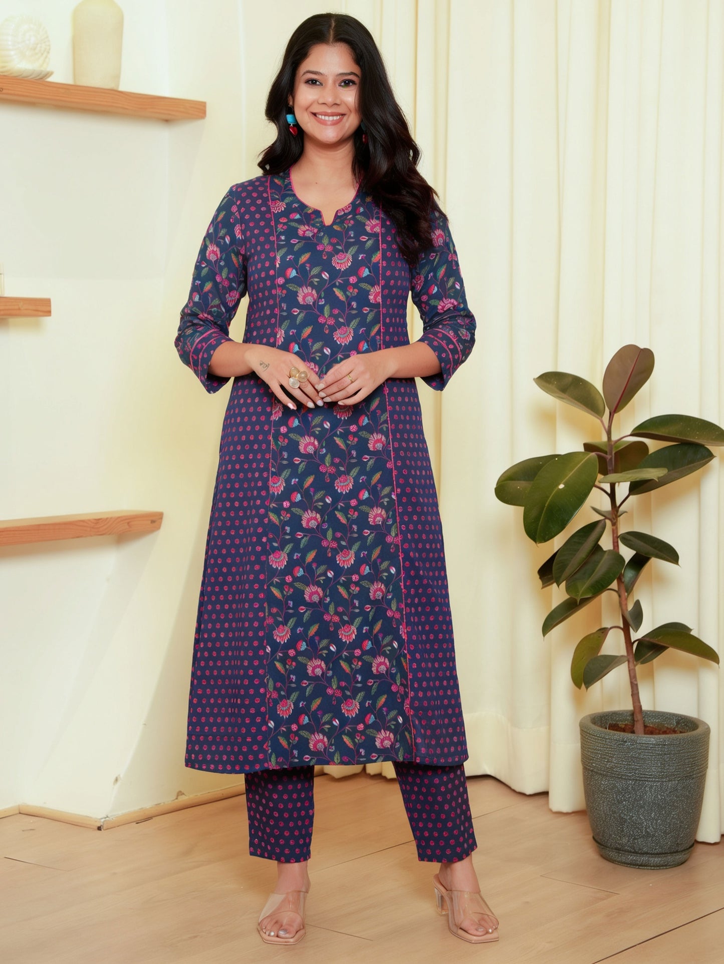 Embroidered Soft Cotton Floral A-line Blue