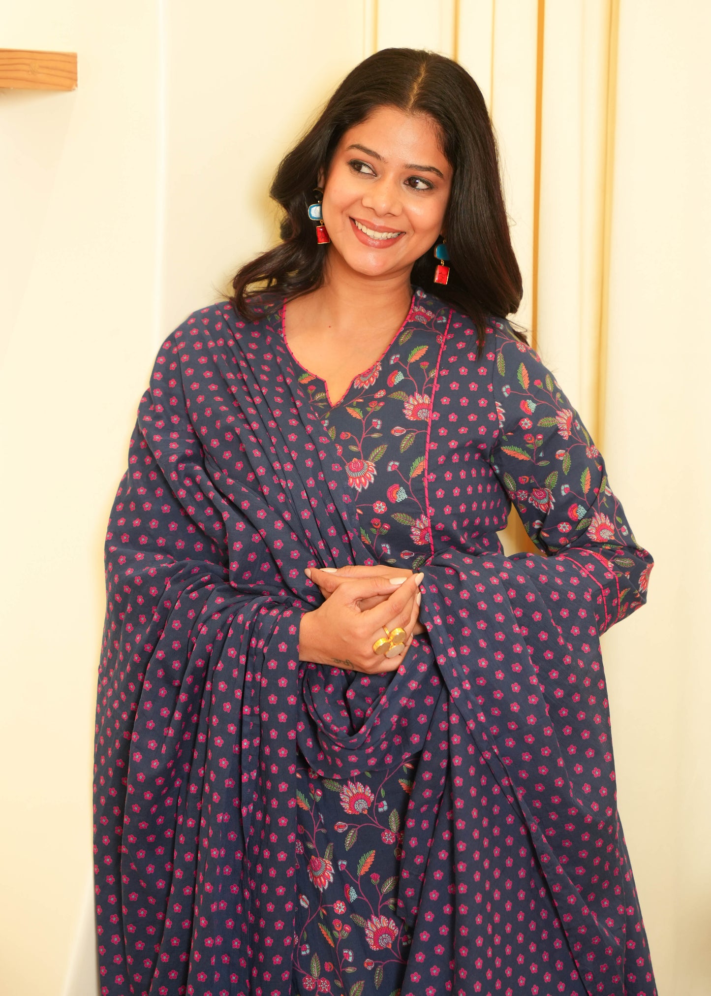 Soft Cotton Floral Panelled A-Line Blue Kurta