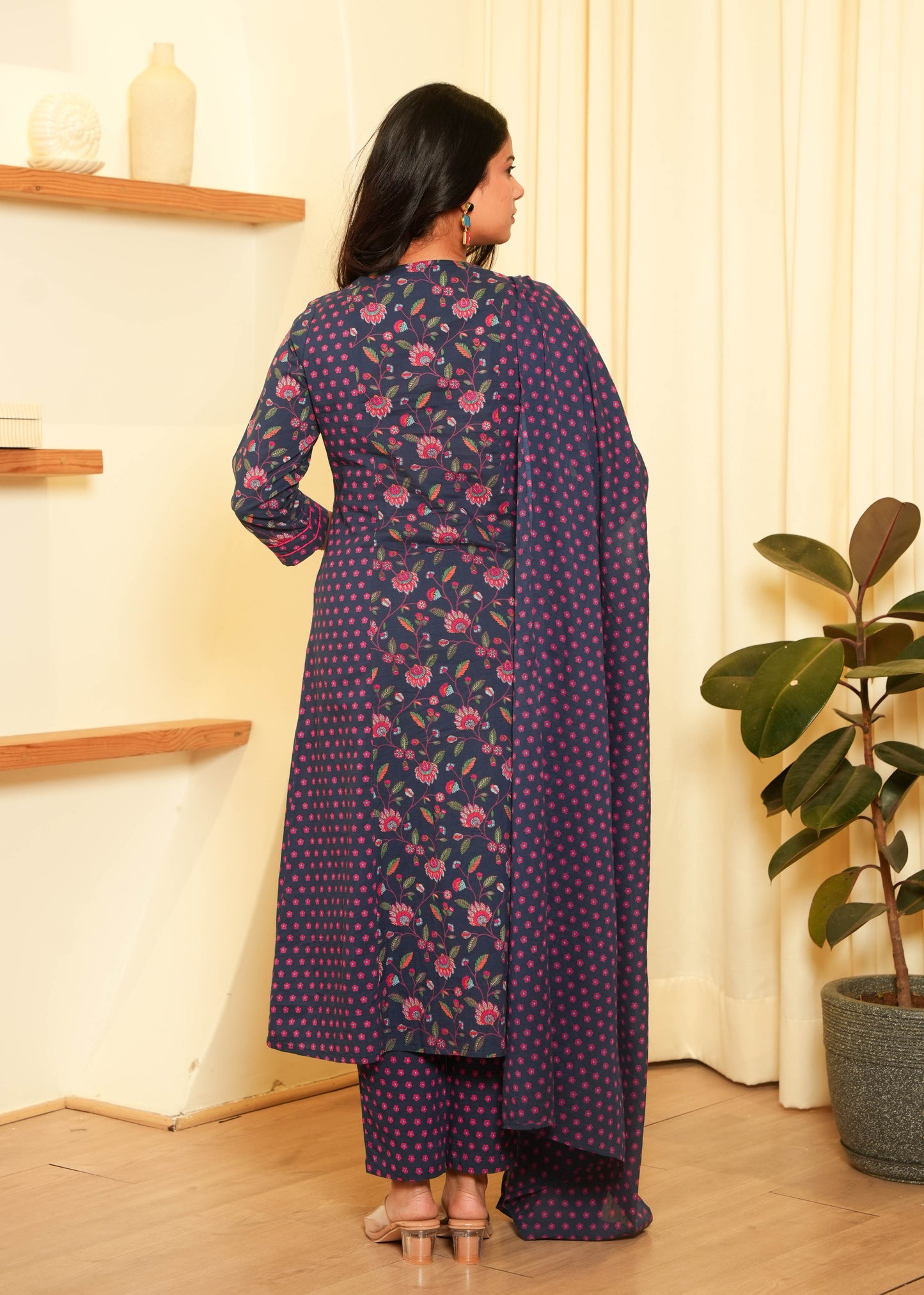 Soft Cotton Floral Panelled A-Line Blue Kurta
