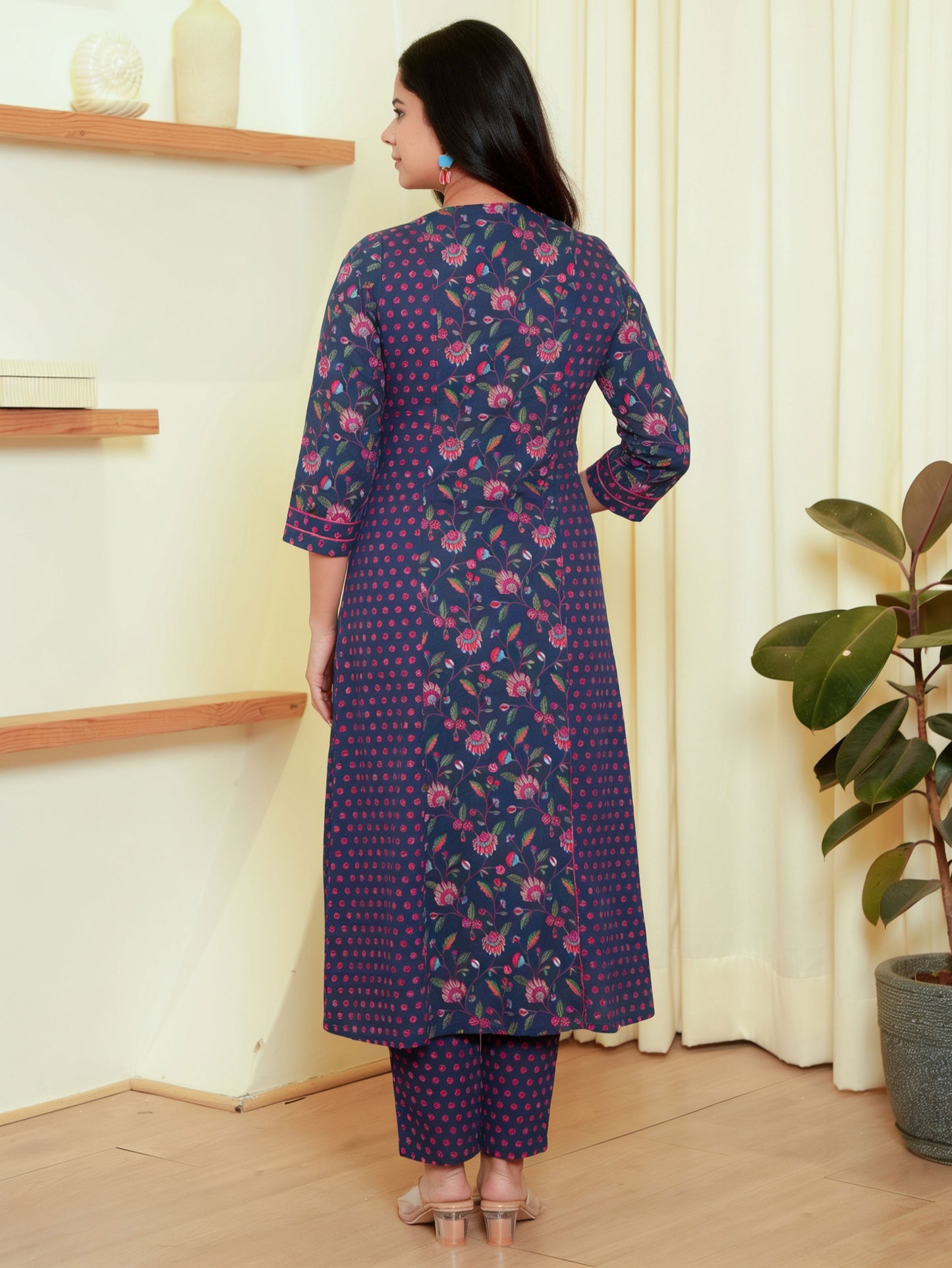 Embroidered Soft Cotton Floral A-line Blue