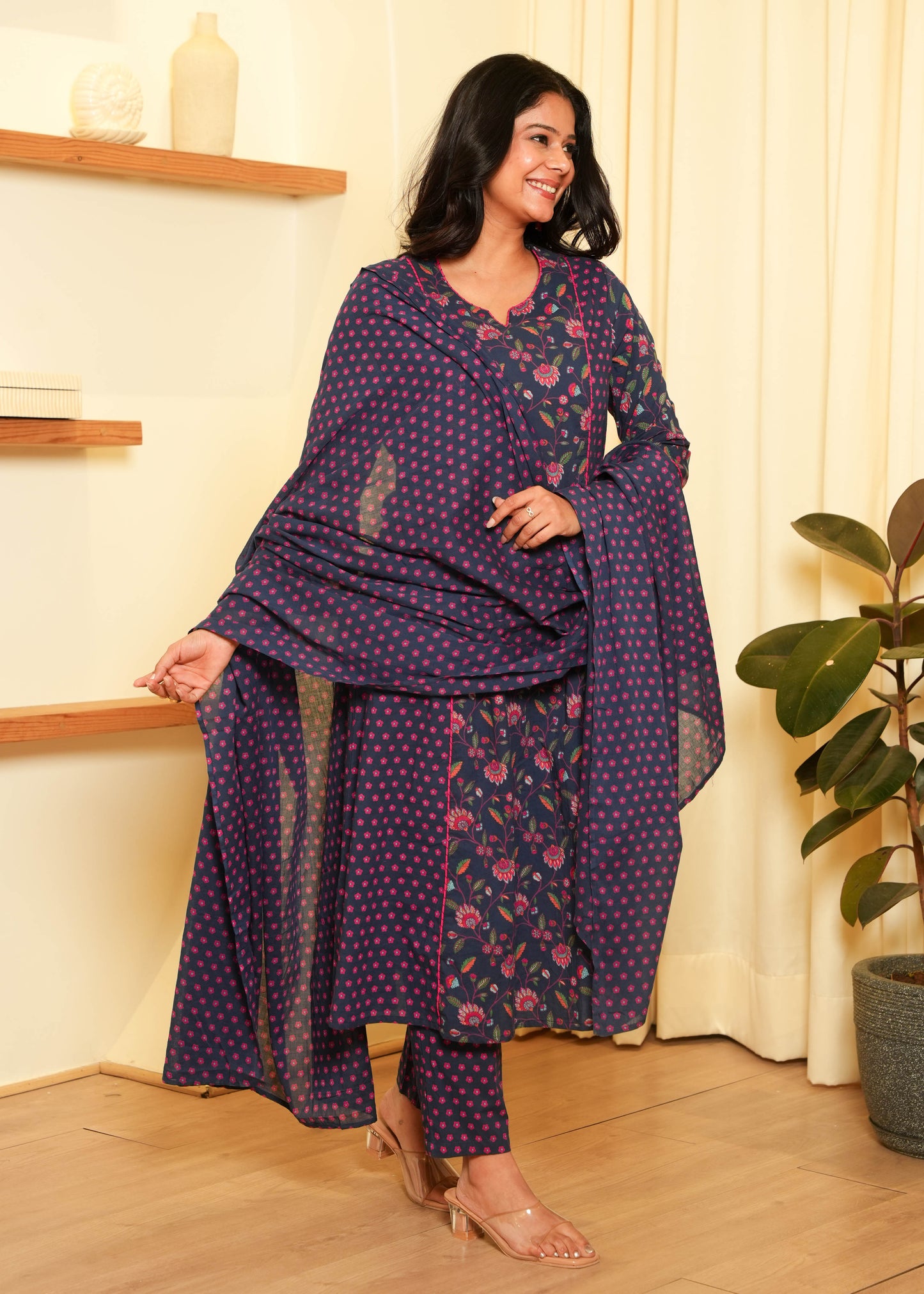 Soft Cotton Floral Panelled A-Line Blue Kurta