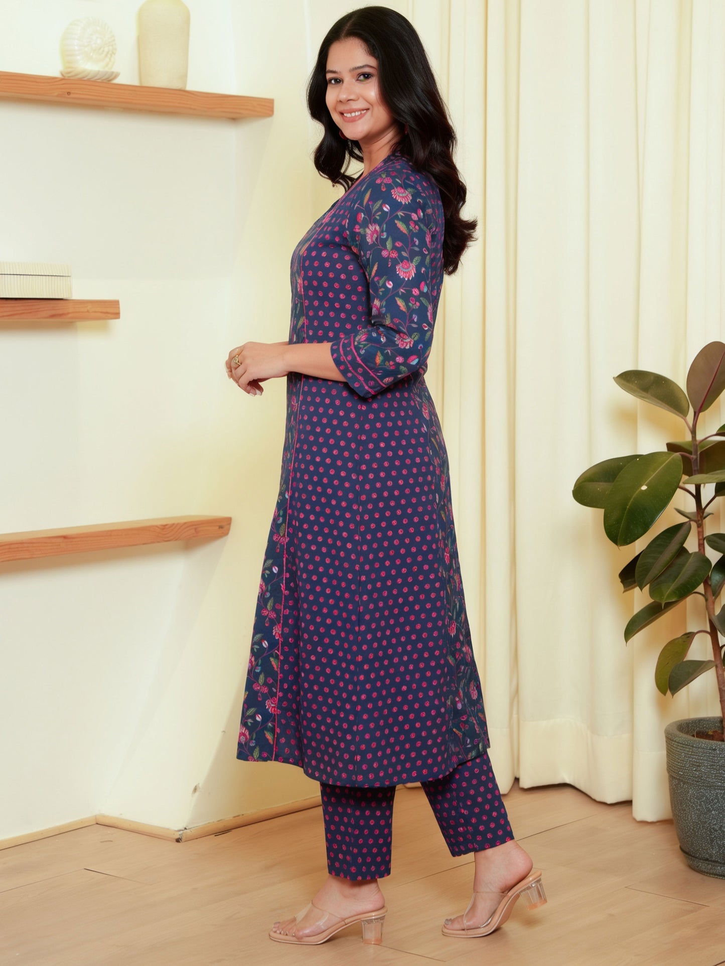 Embroidered Soft Cotton Floral A-line Blue