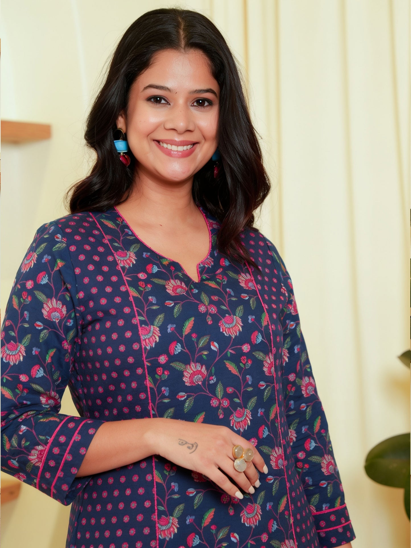 Embroidered Soft Cotton Floral A-line Blue