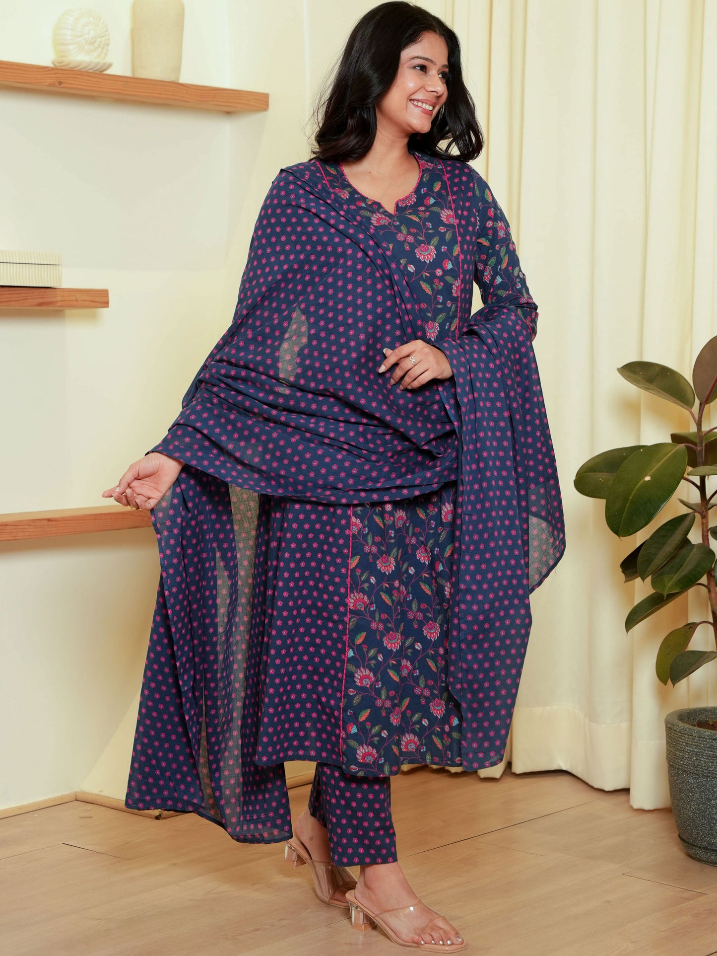 Embroidered Soft Cotton Floral A-line Blue