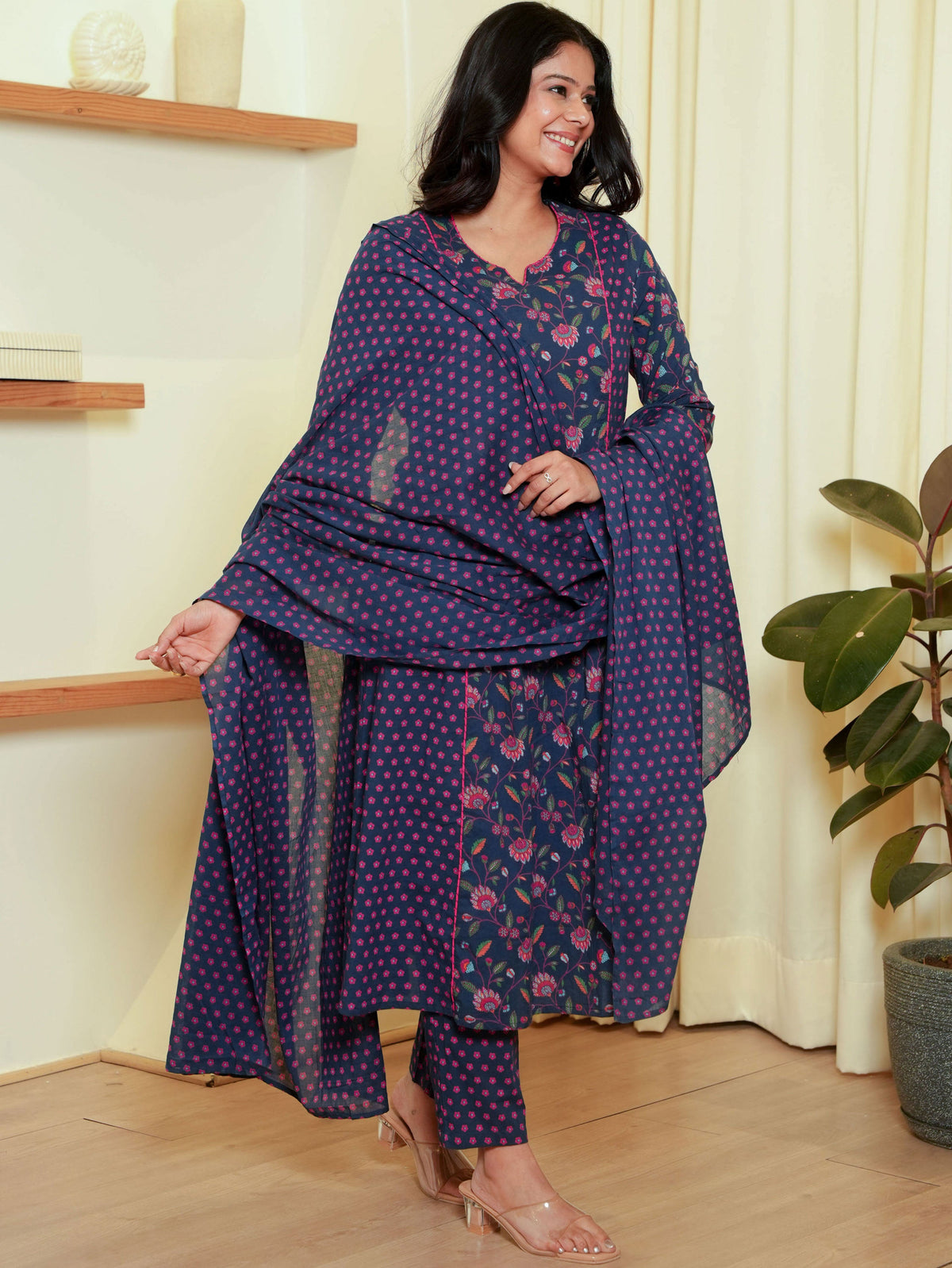 Embroidered Soft Cotton Floral A-line Blue