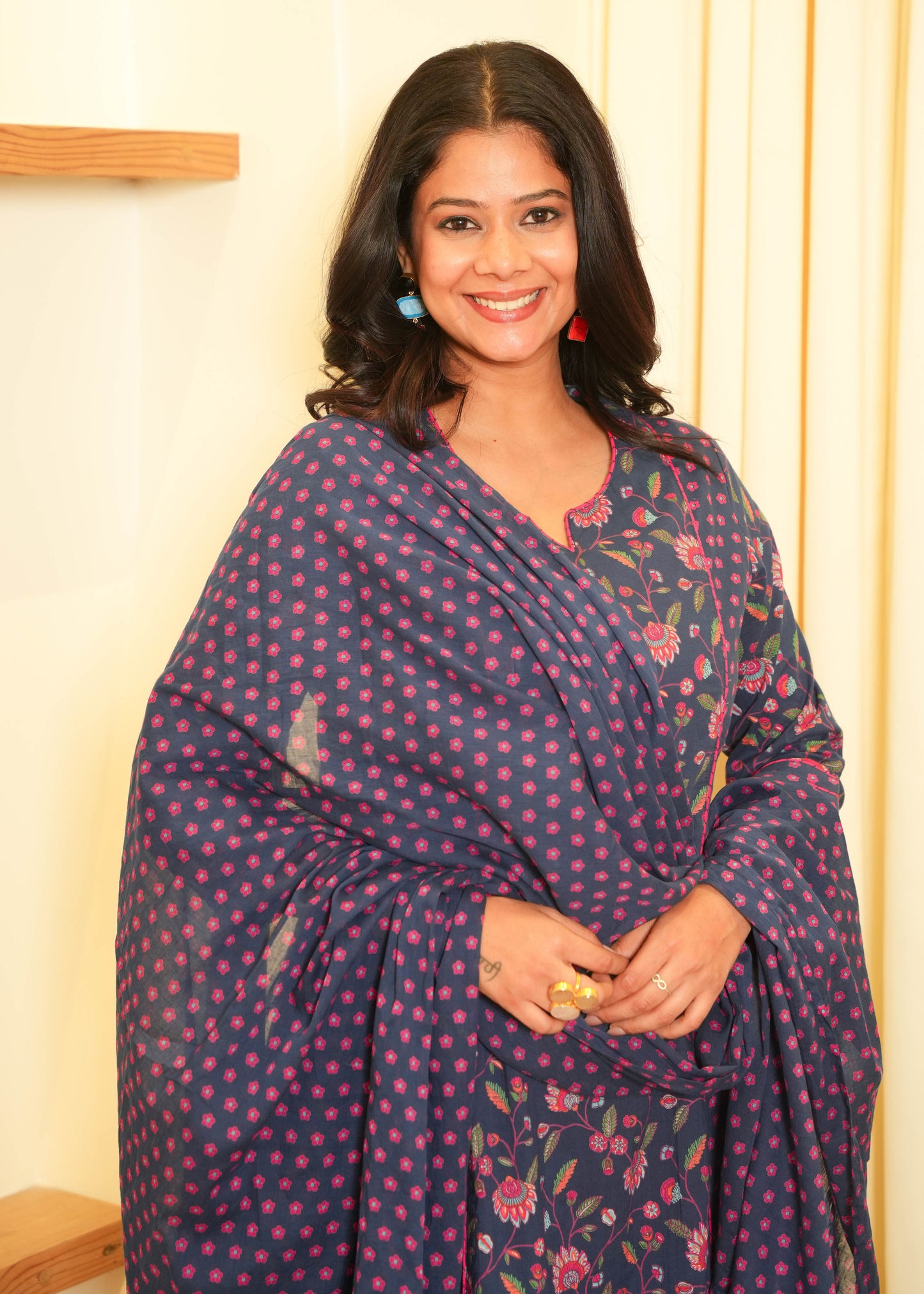 Soft Cotton Floral Panelled A-Line Blue Kurta
