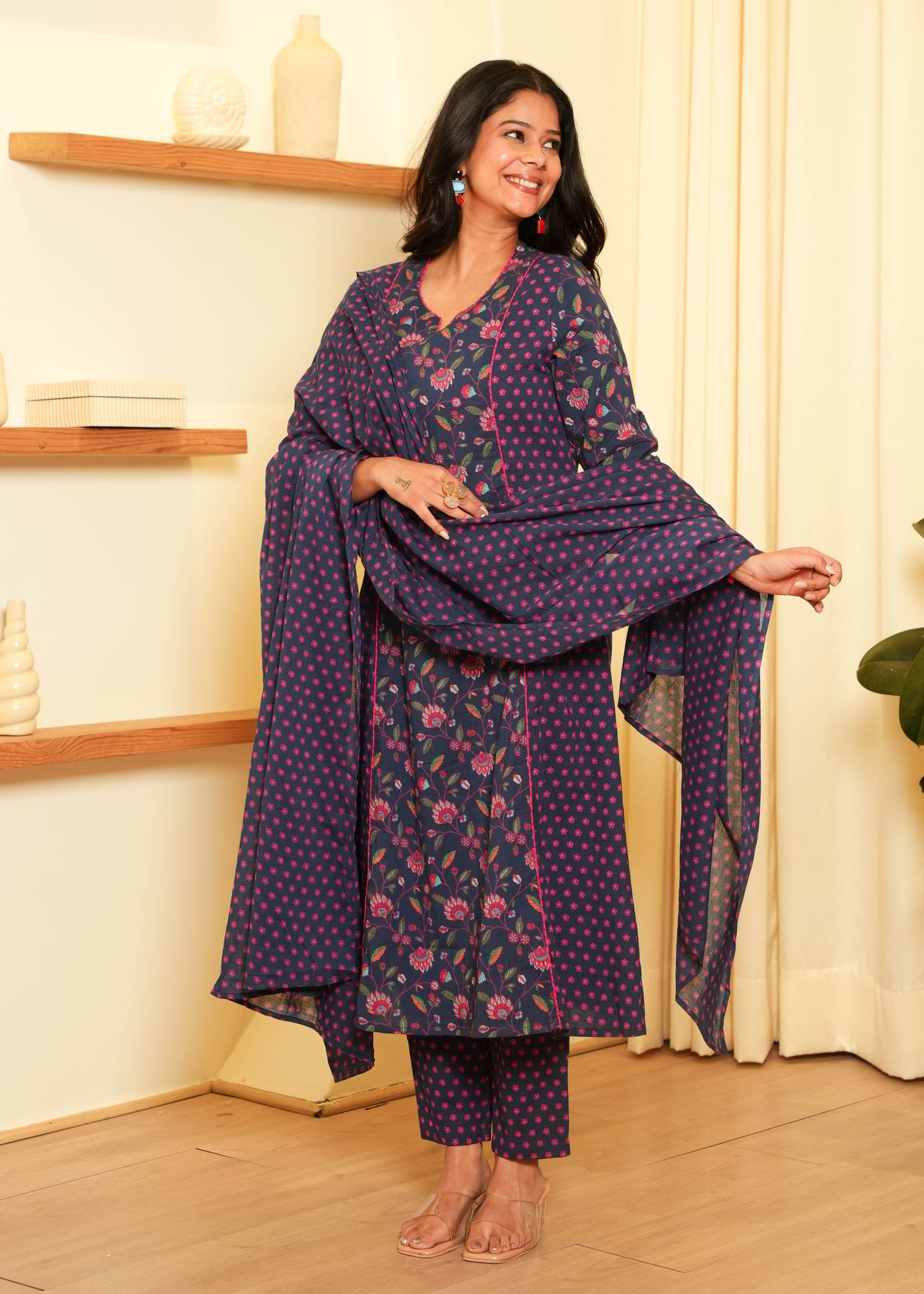 Soft Cotton Floral Panelled A-Line Blue Kurta