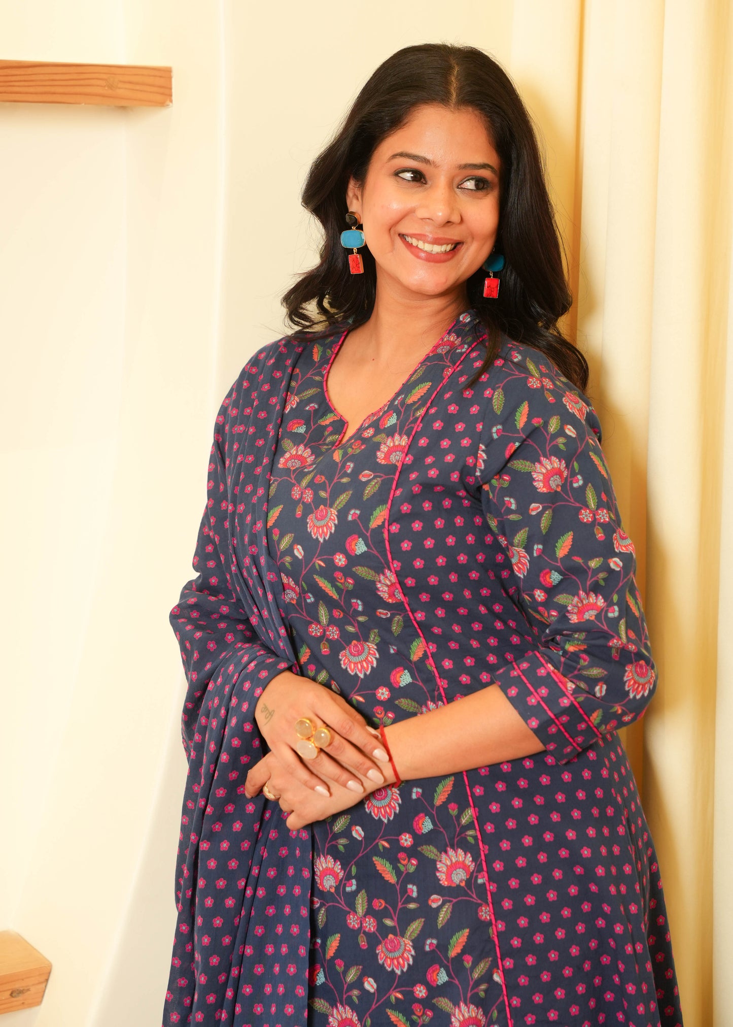 Soft Cotton Floral Panelled A-Line Blue Kurta