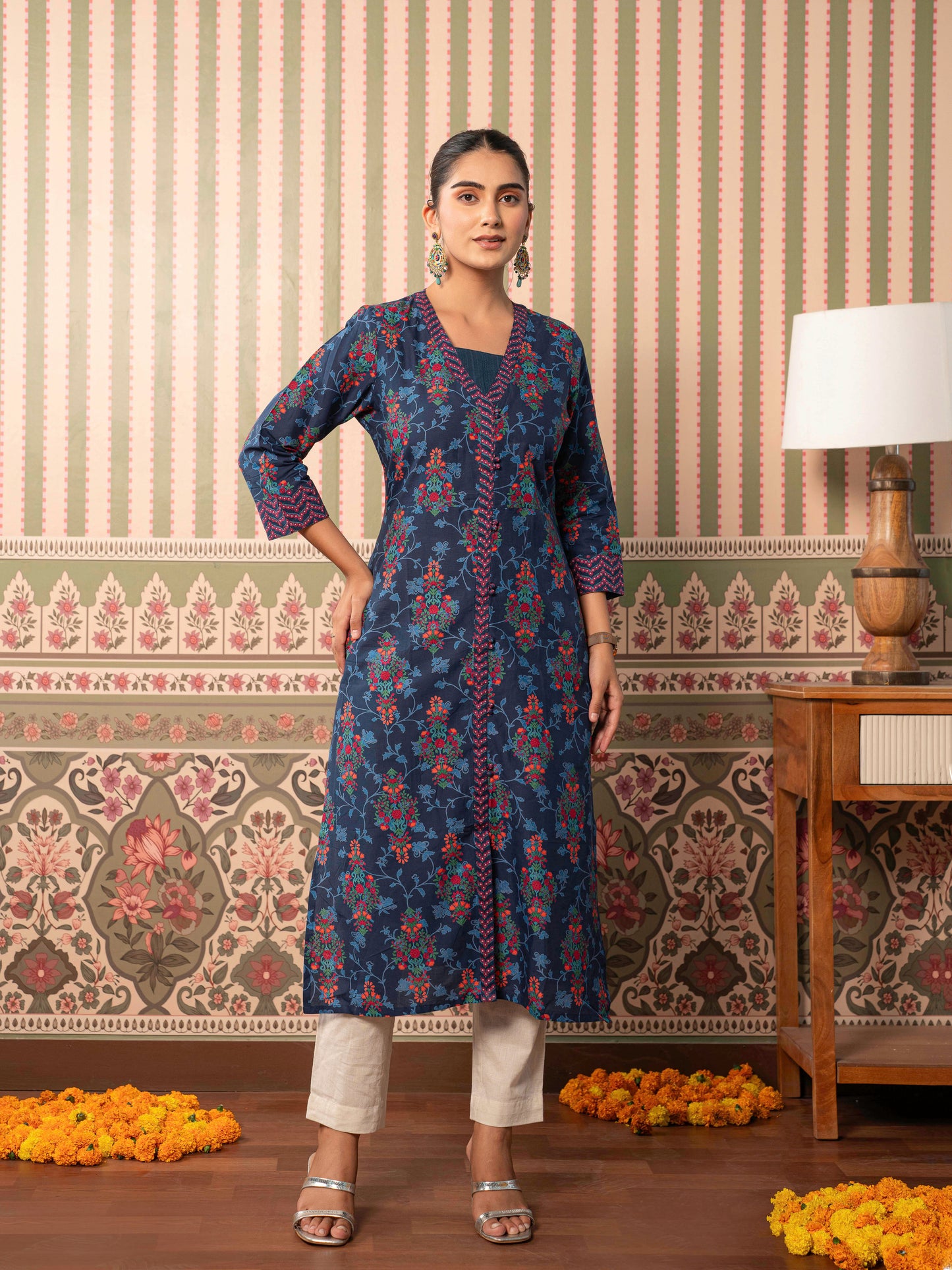 Soft Cotton Floral A-line Indigo blue Kurta