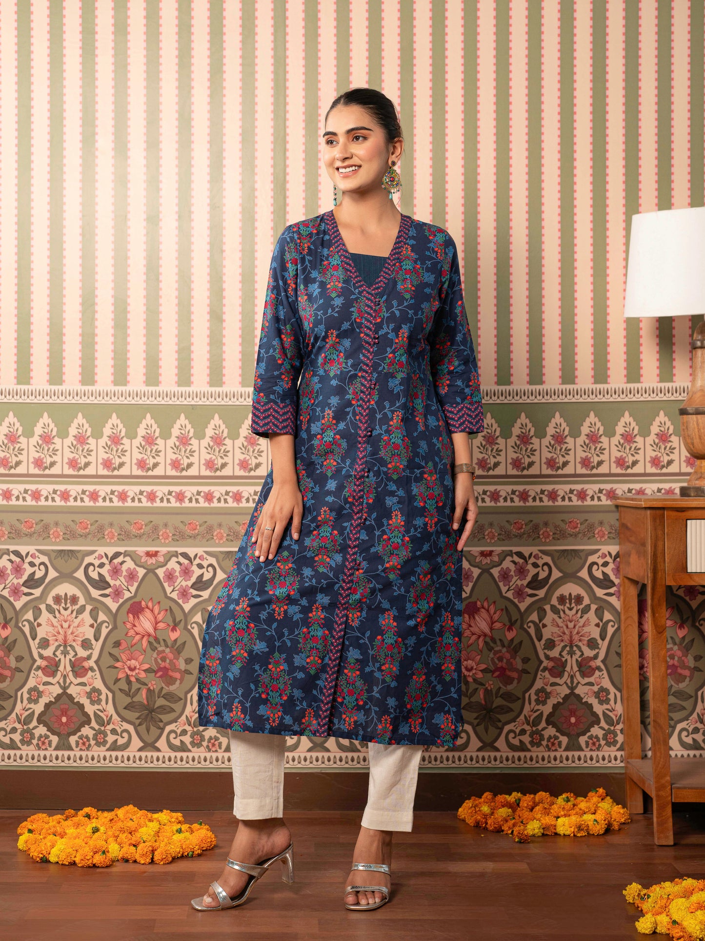 Soft Cotton Floral A-line Indigo blue Kurta