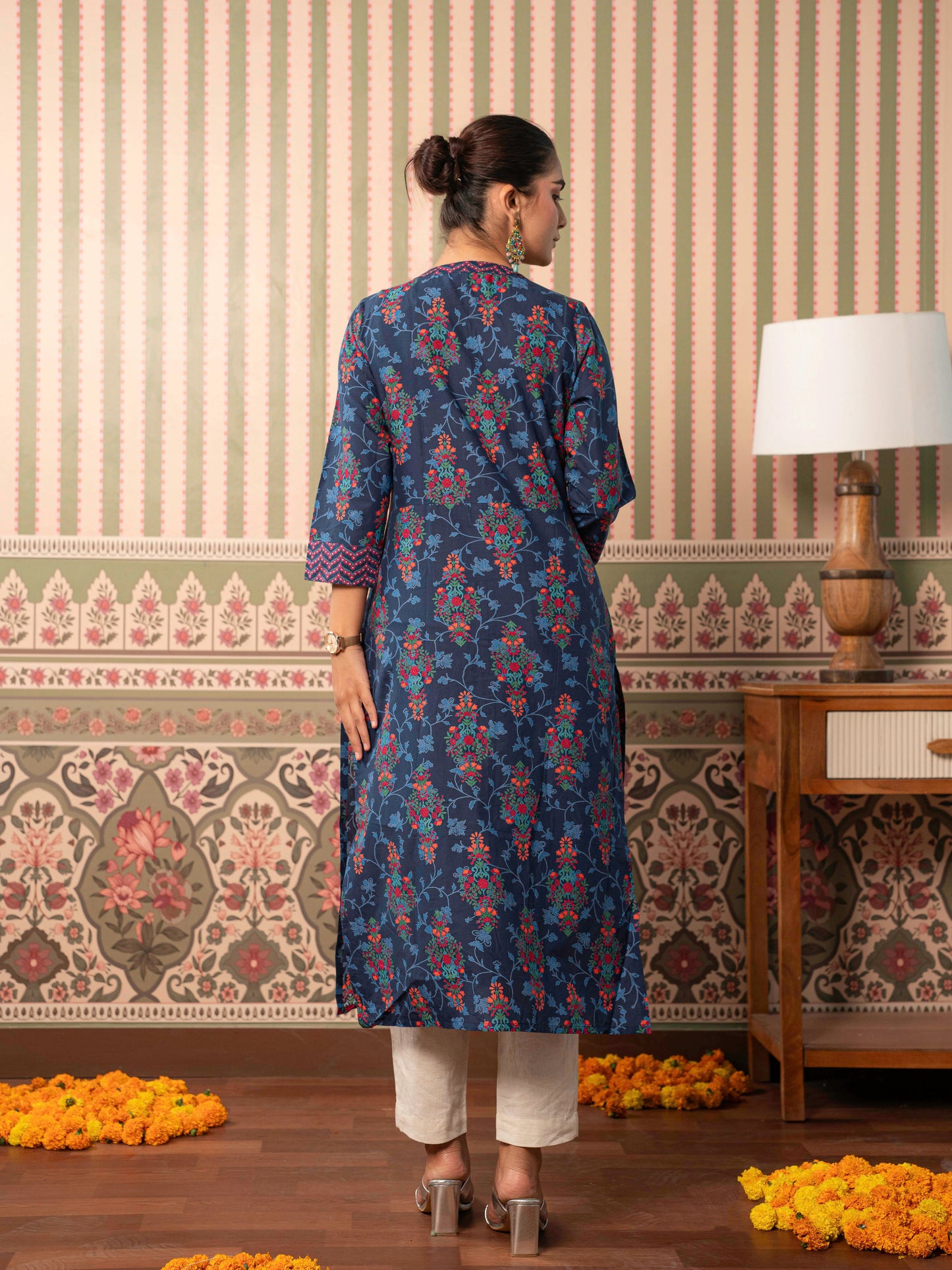 Soft Cotton Floral A-line Indigo blue Kurta