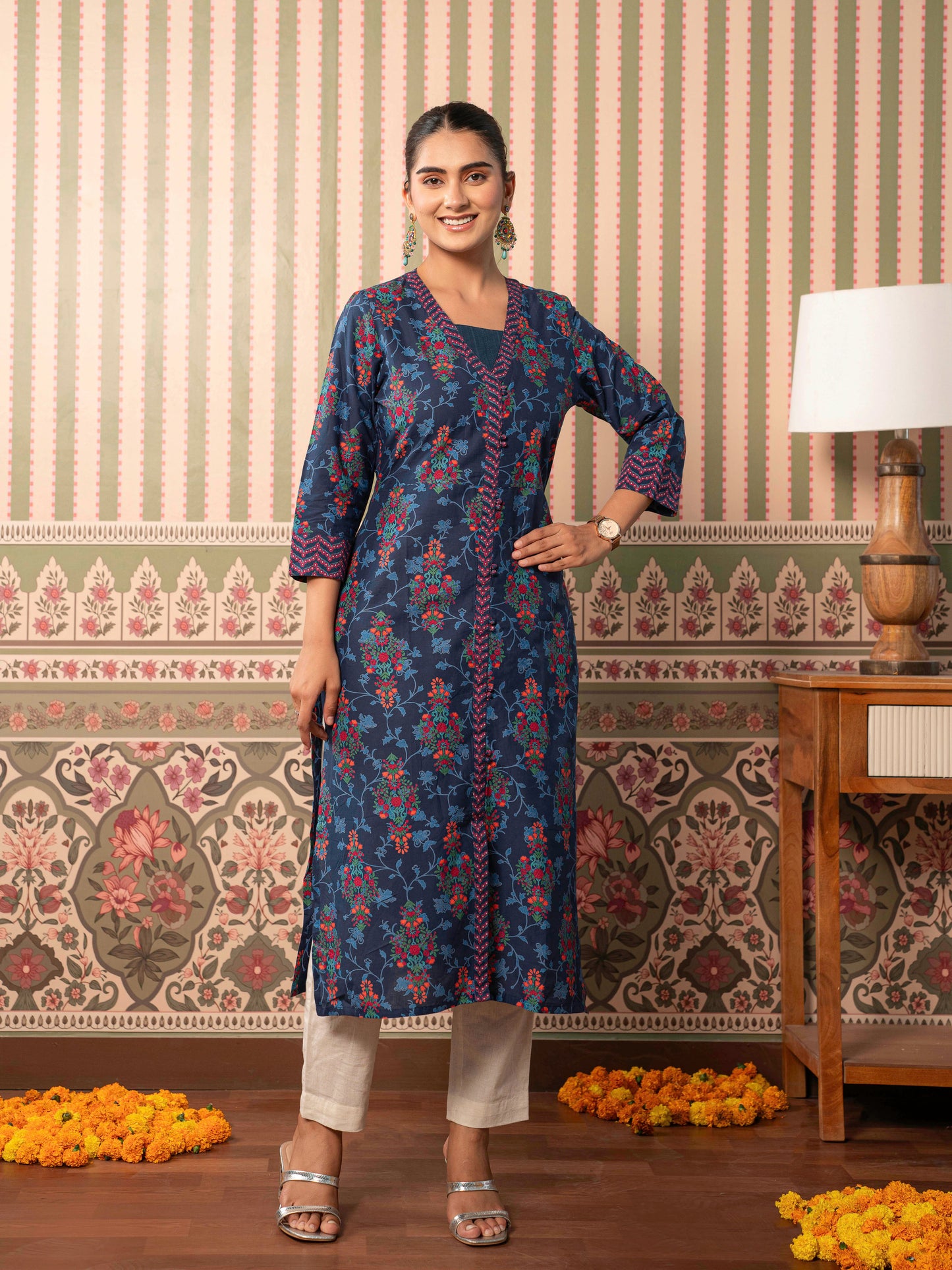 Soft Cotton Floral A-line Indigo blue Kurta