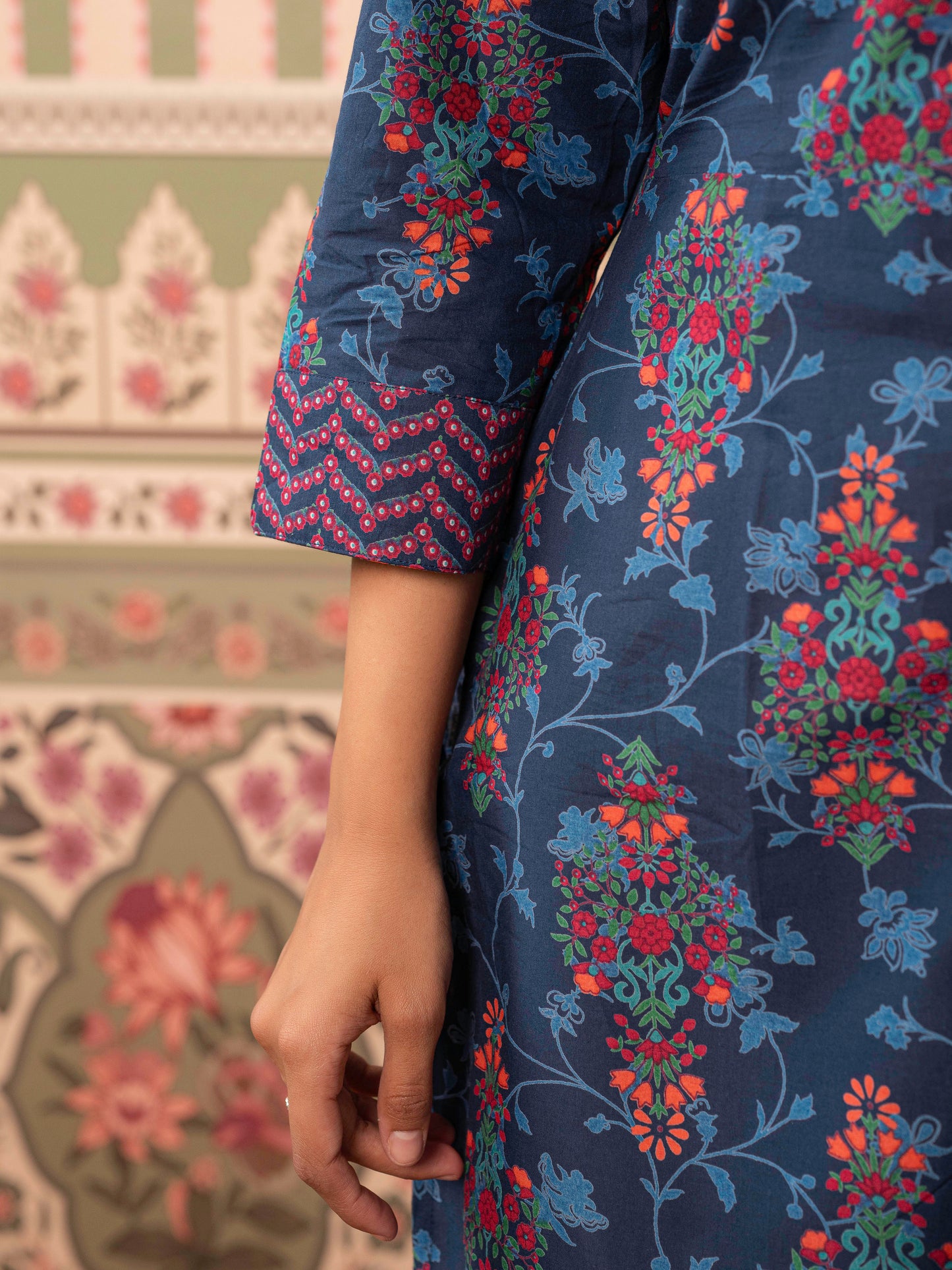 Soft Cotton Floral A-line Indigo blue Kurta