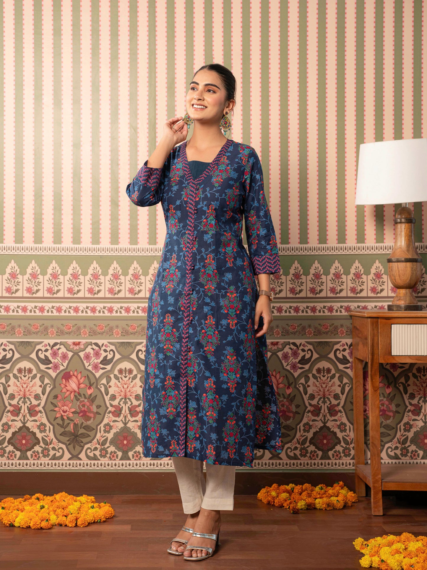 Soft Cotton Floral A-line Indigo blue Kurta