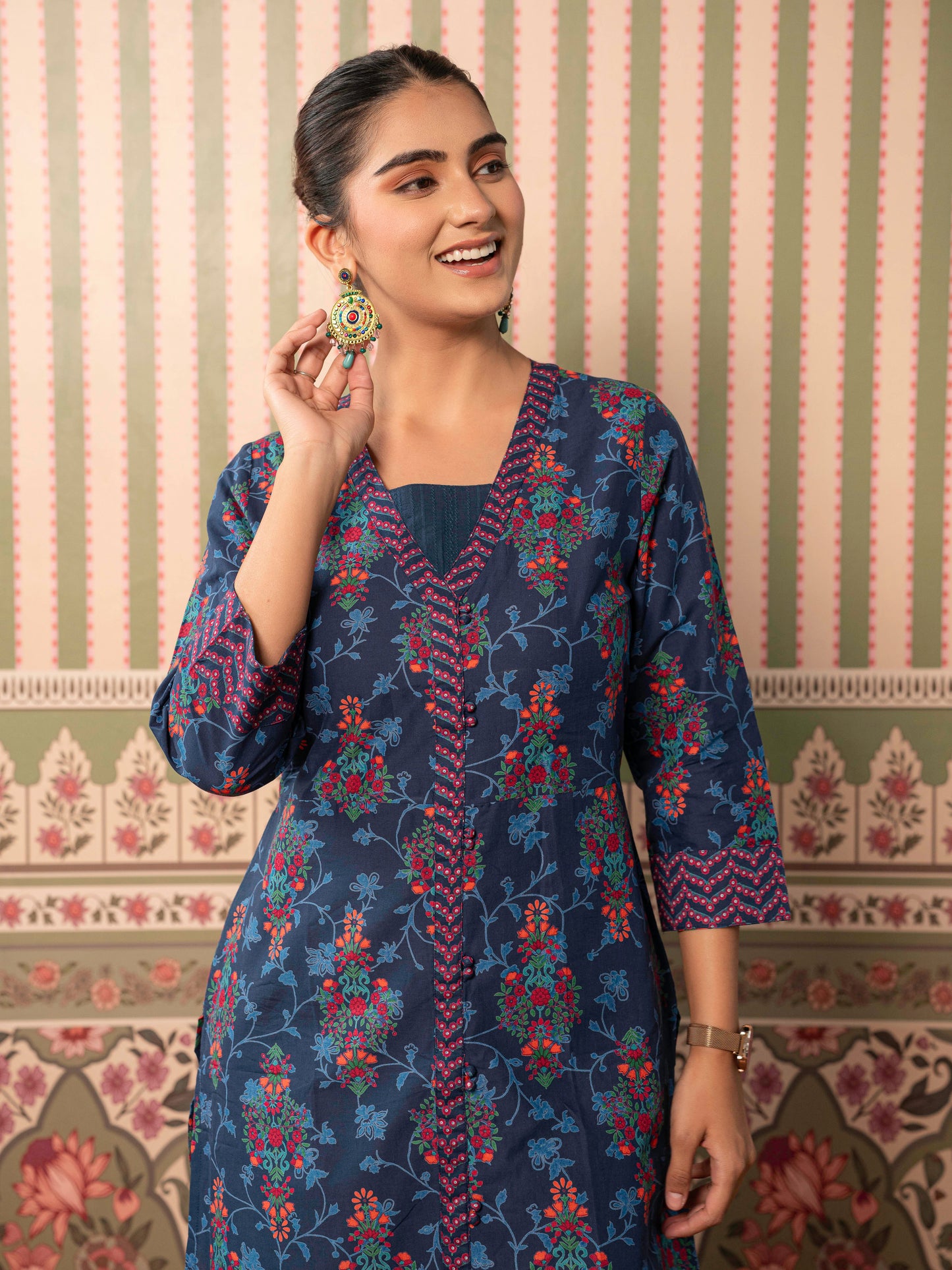 Soft Cotton Floral A-line Indigo blue Kurta