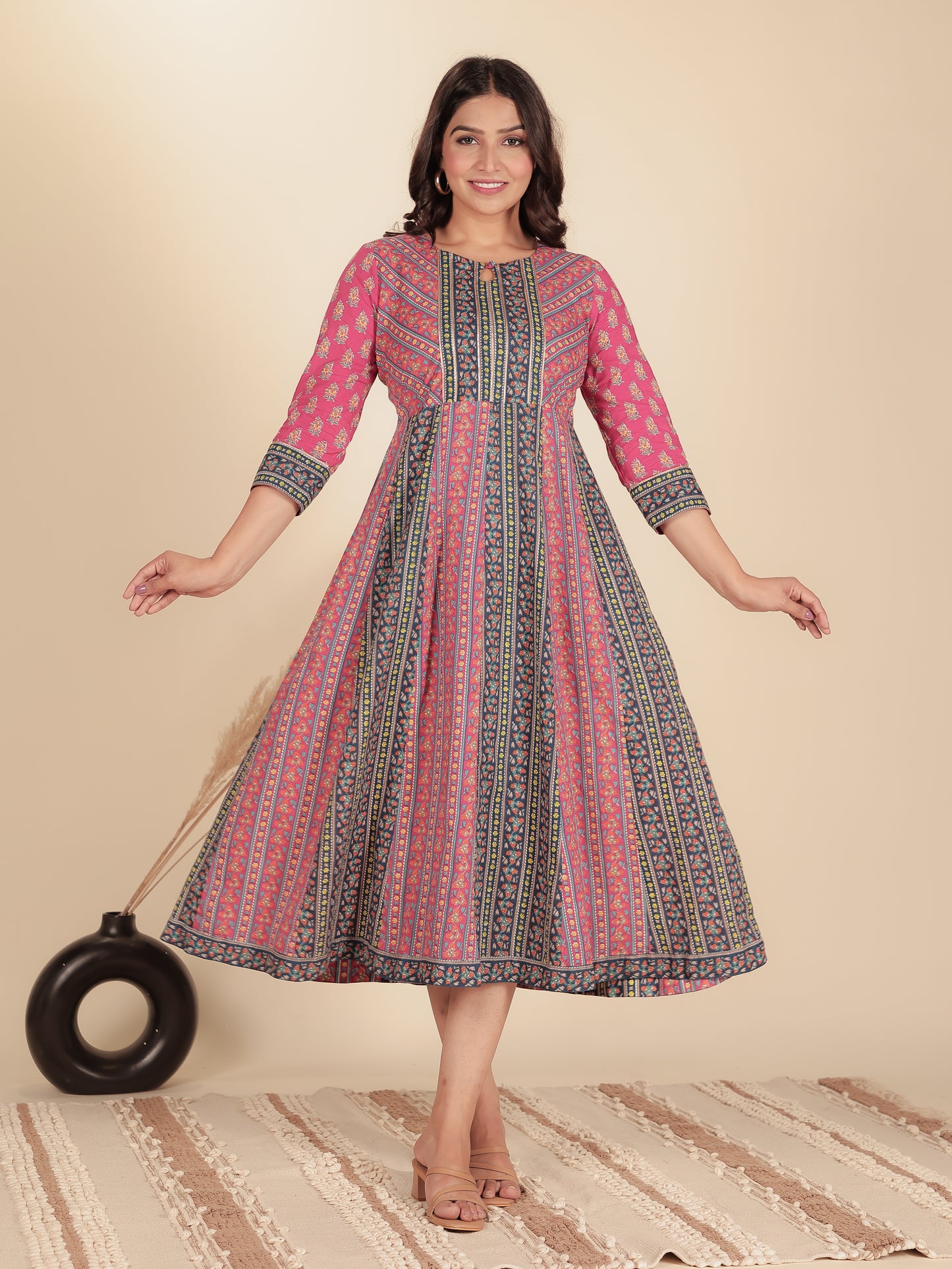 Soft Cotton Floral Anarkali Pink Dress